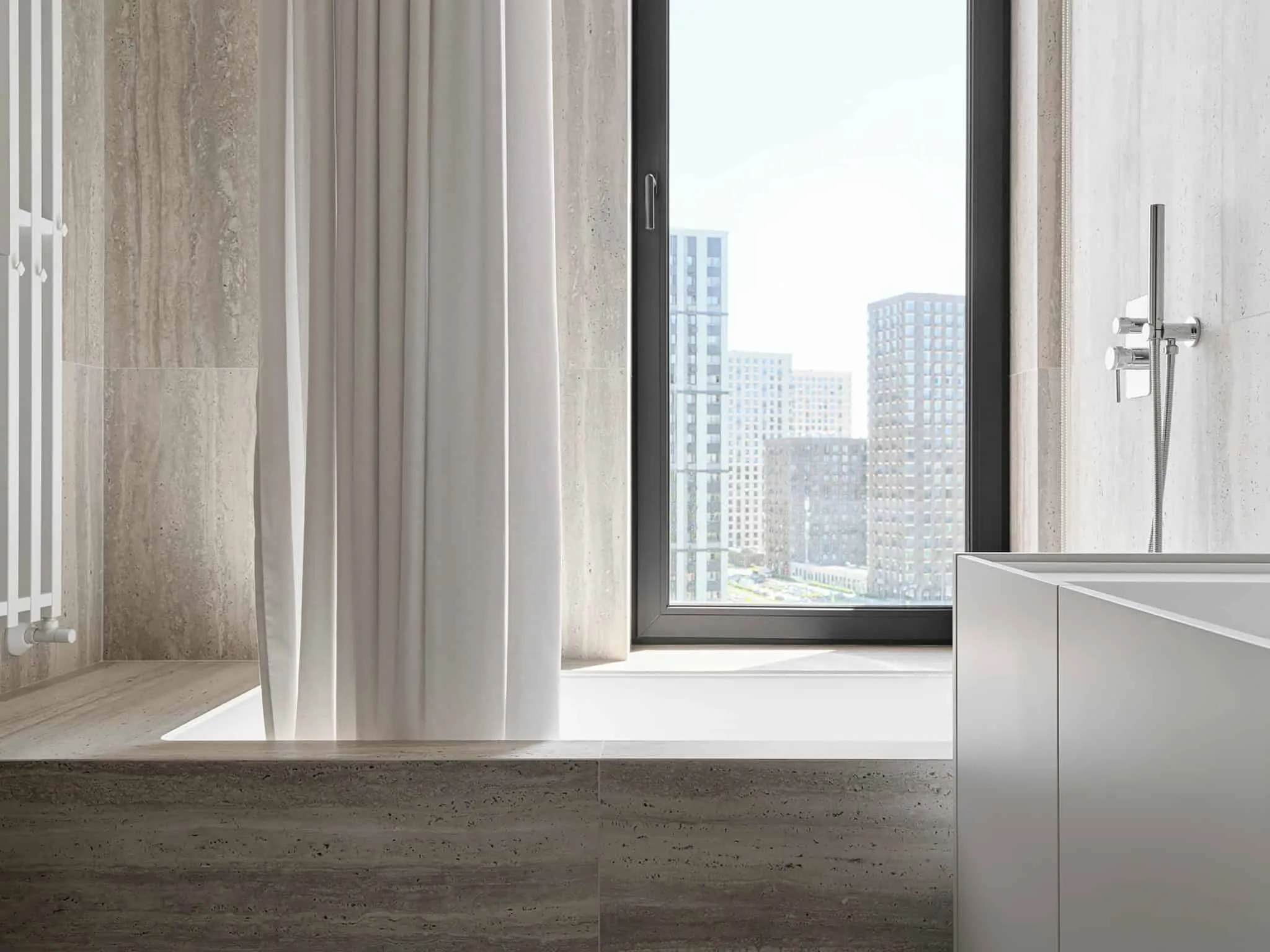 Bathtub with curtain and window view - warm minimalism from Alexander Tishler's design studio