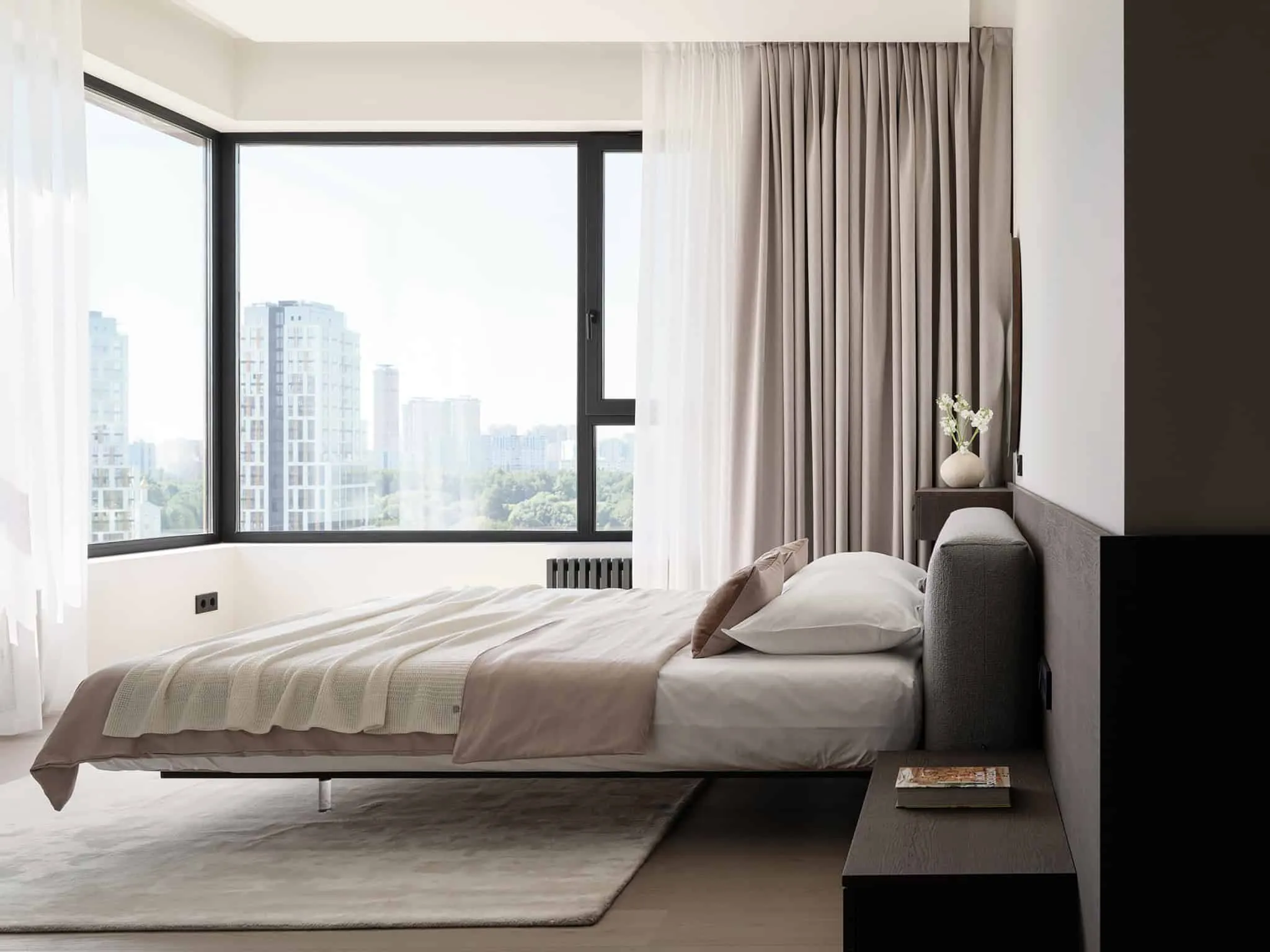 Side view of minimalist bedroom with soft textiles - Alexander Tishler's design studio, Moscow