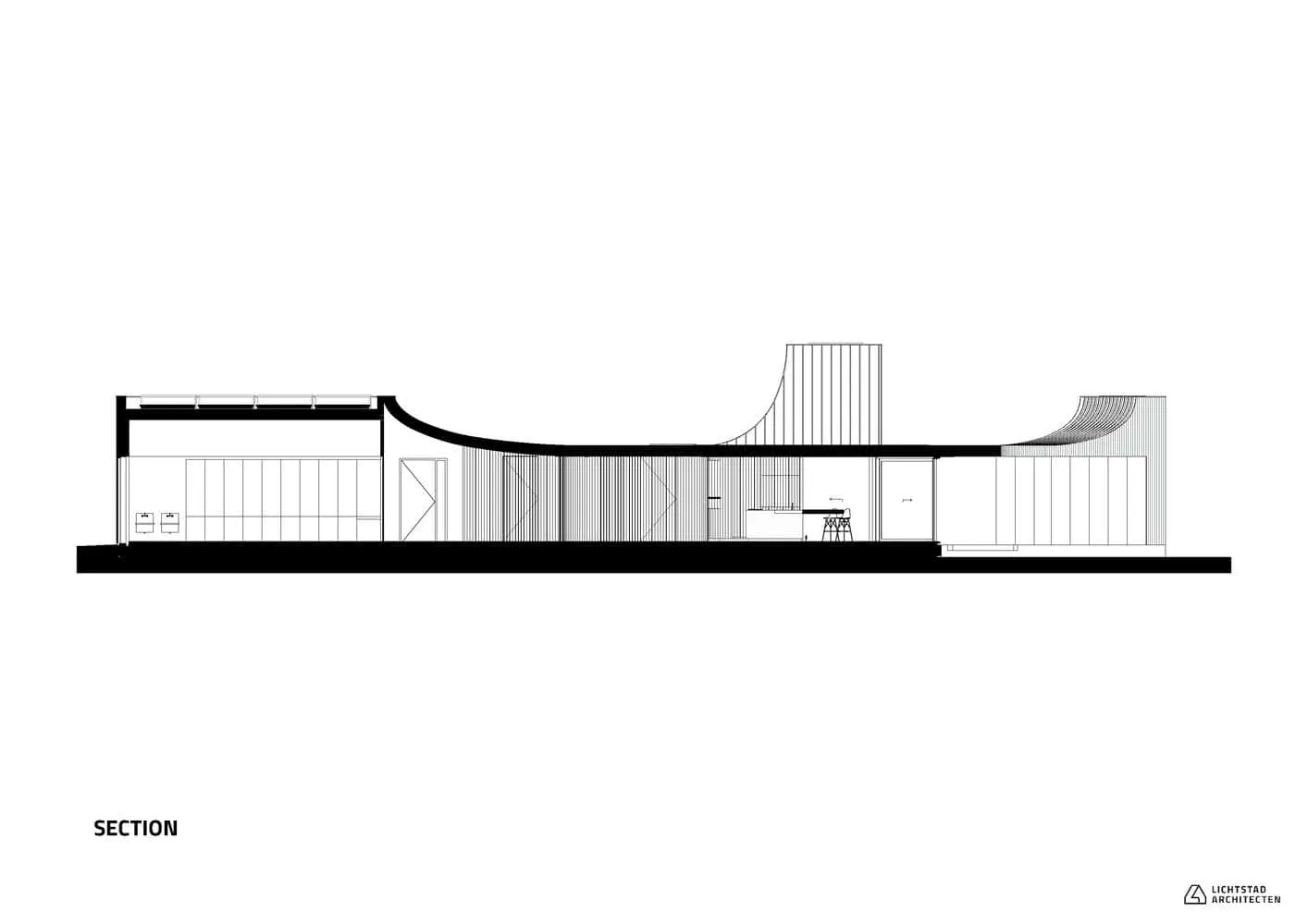 Marhûs — 建筑剖面图，显示CLT结构、柔和内部曲线和水边露台