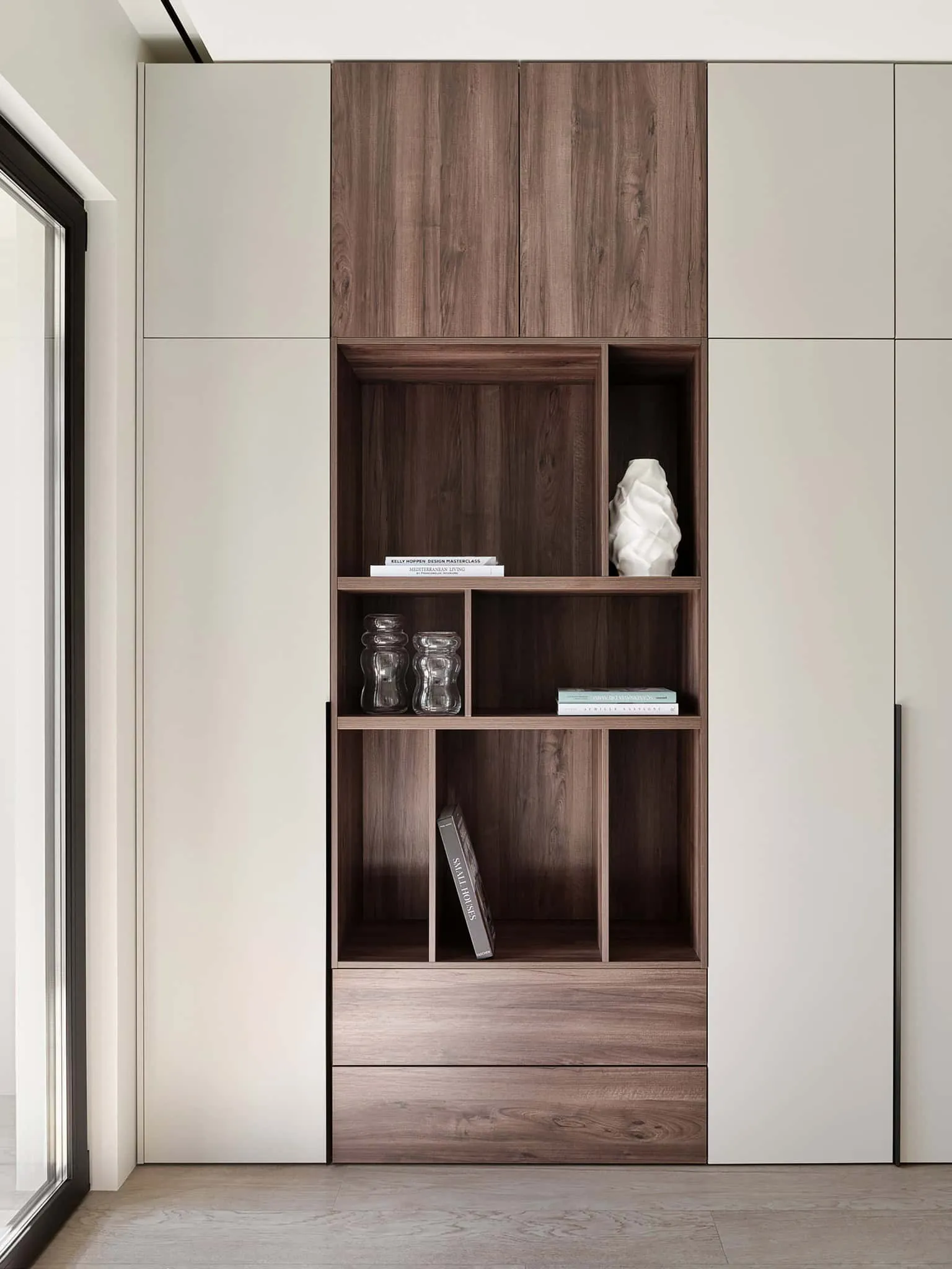 Built-in shelf with wooden niches - interior with warm minimalism from Alexander Tishler's design studio, Moscow