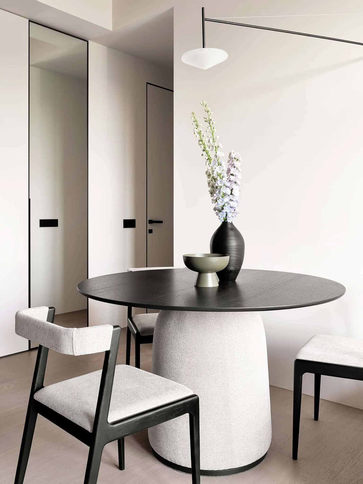 Dining table details in apartment with warm minimalism from Alexander Tishler's design studio, Moscow
