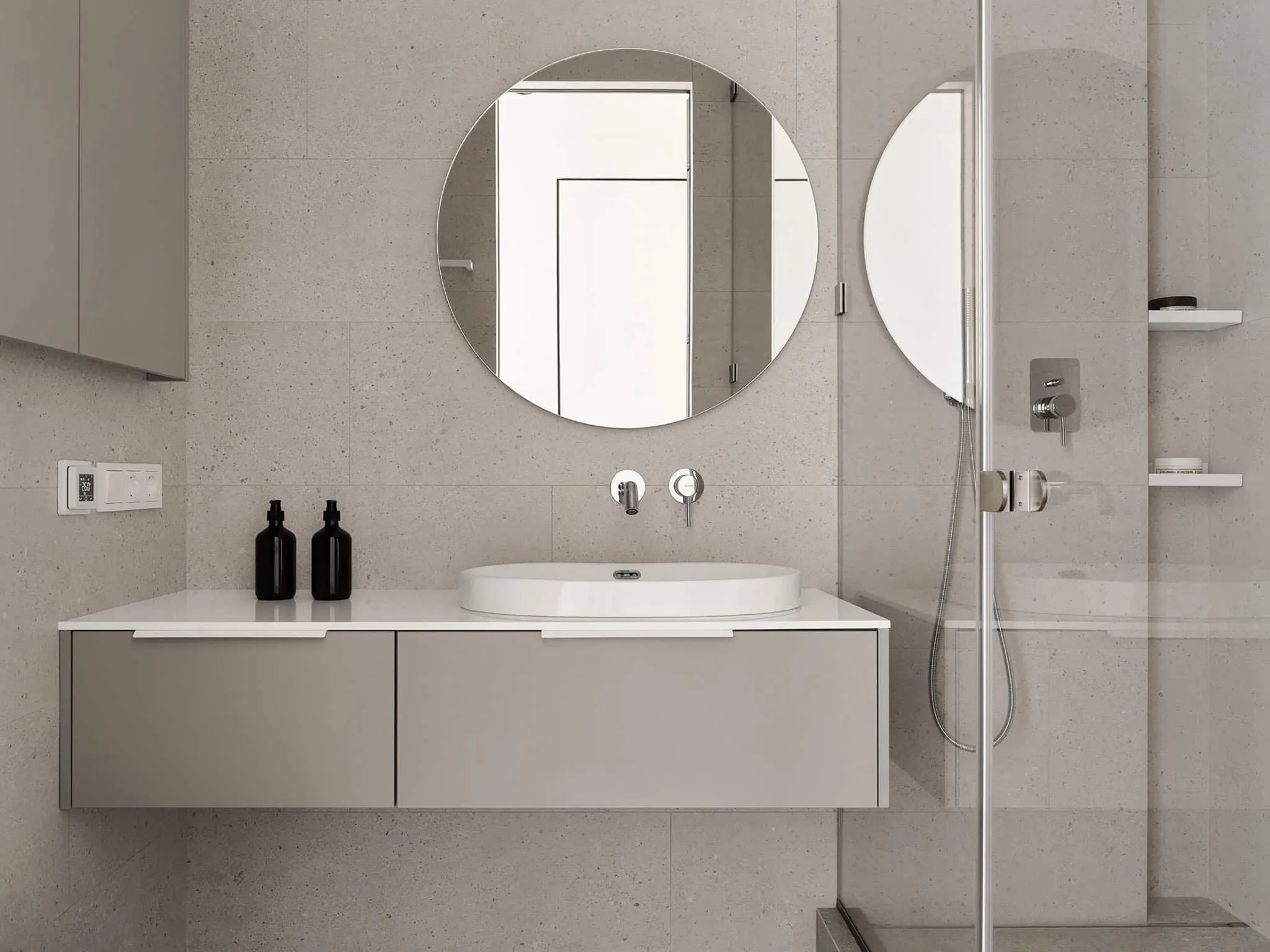 Second bathroom toilet with double round mirrors - warm minimalism from Alexander Tishler's design studio, Moscow
