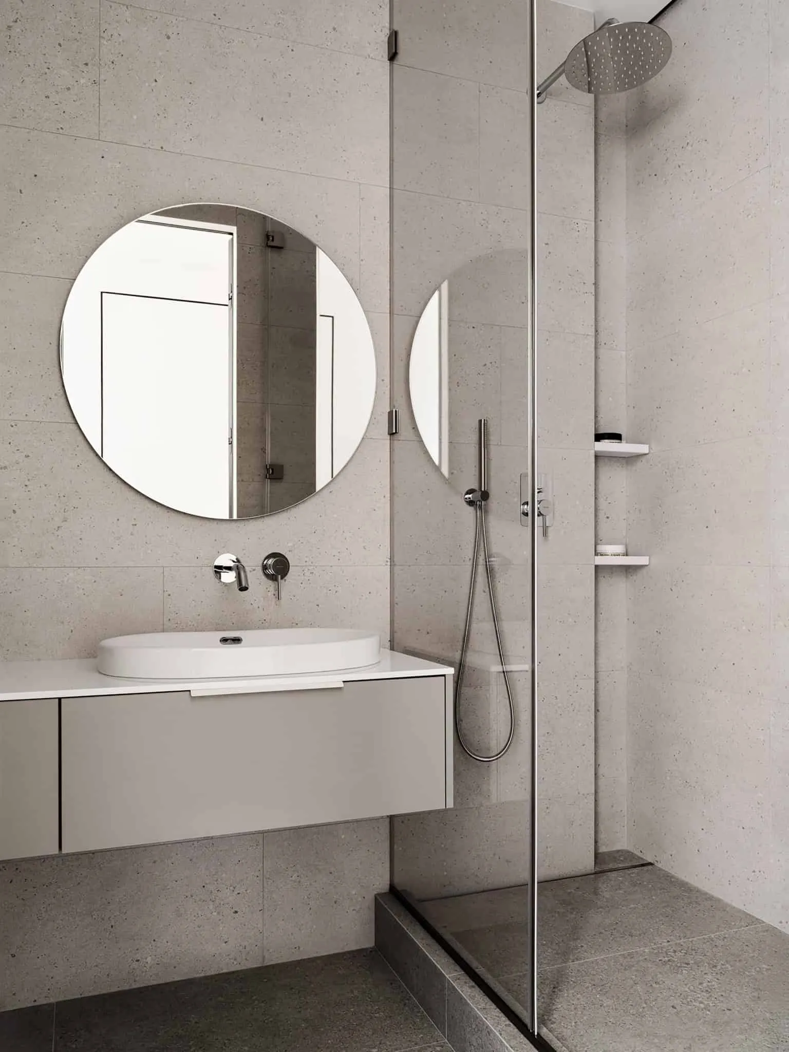 Second bathroom shower with rain effect and floating sink - warm minimalism, Moscow