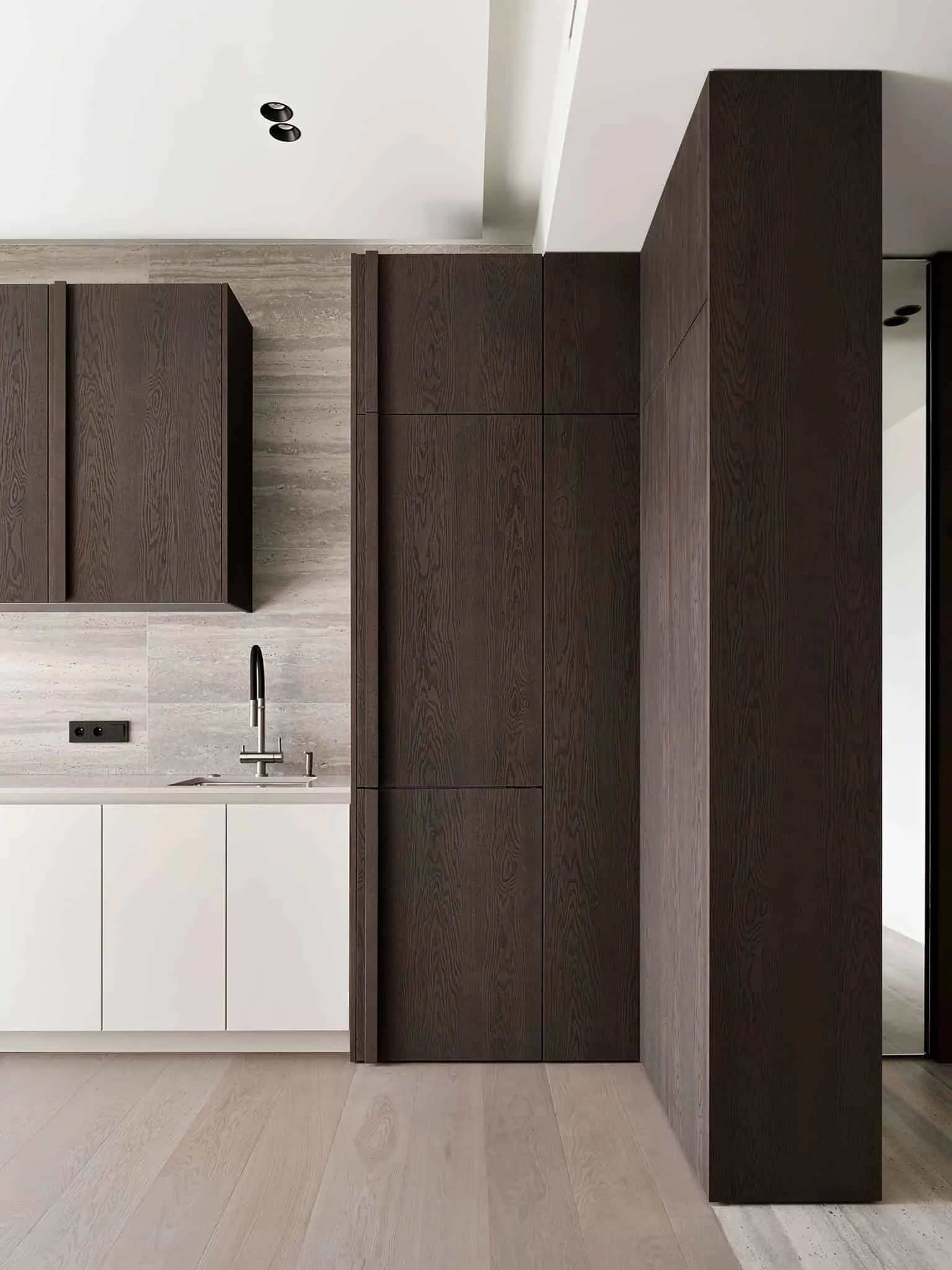 High kitchen cabinet details in apartment with warm minimalism from Alexander Tishler's design studio, Moscow