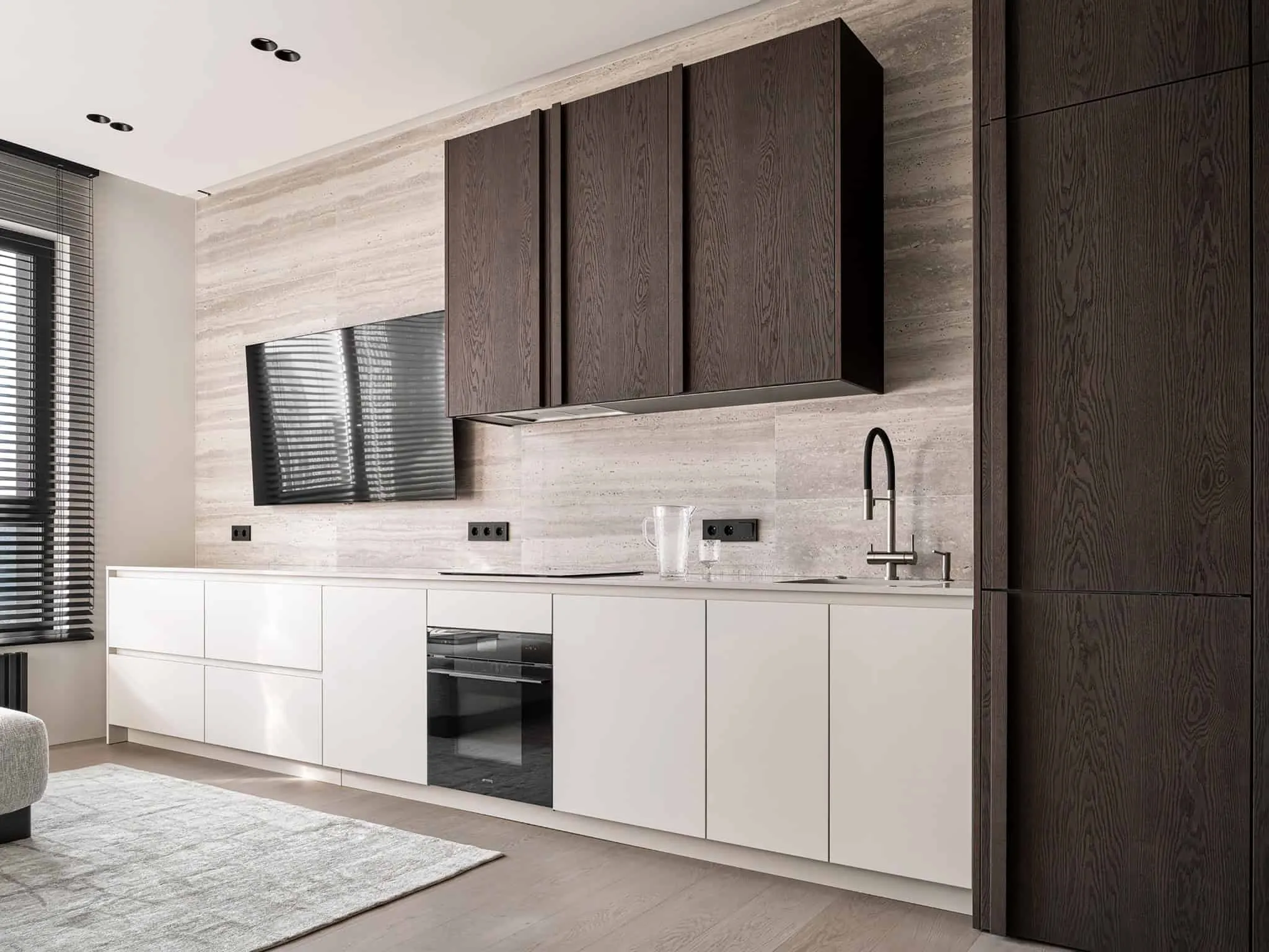 Kitchen overview with travertine underlayment and white cabinetry - warm minimalism from Alexander Tishler's design studio, Moscow