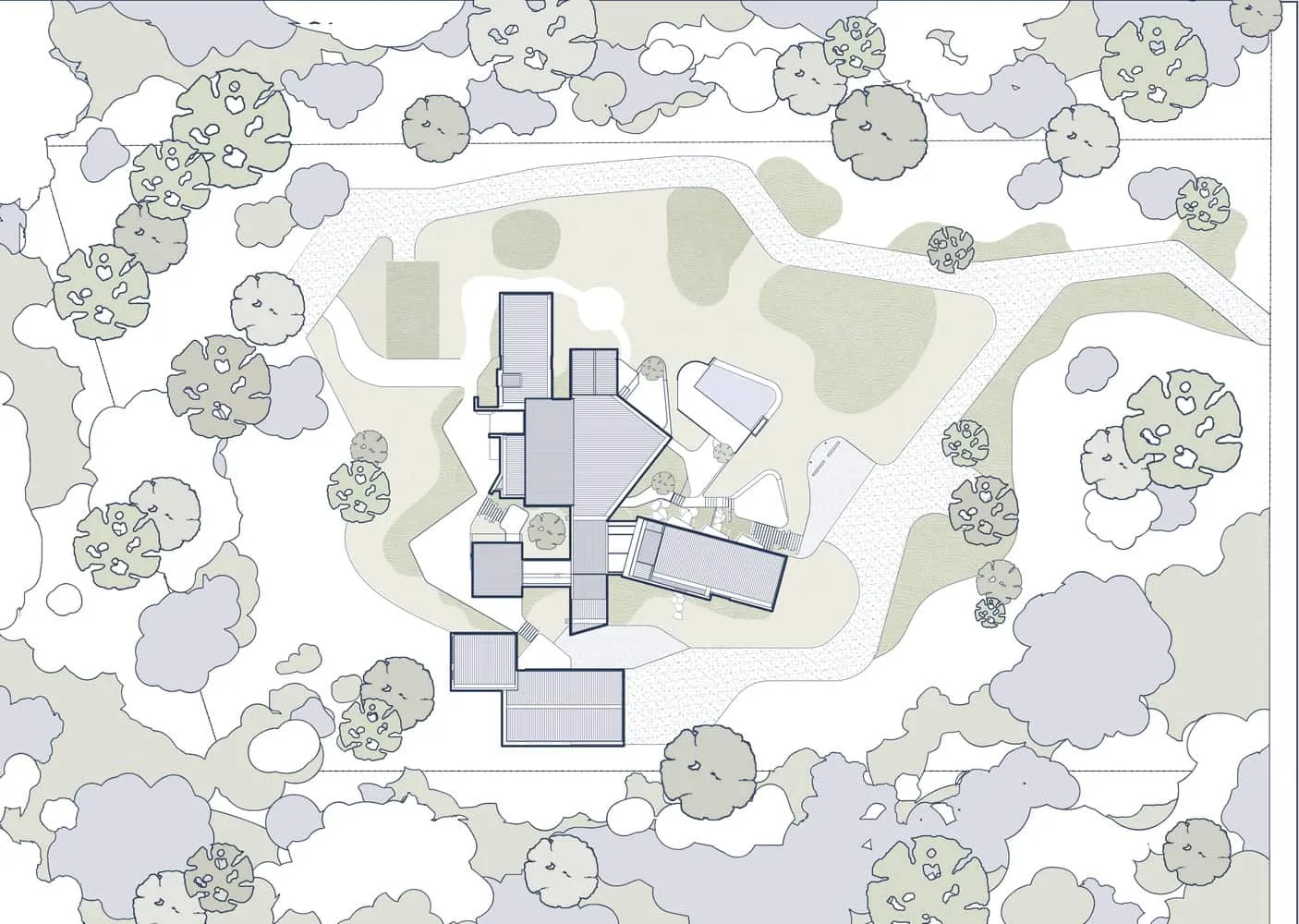 现代住宅建筑平面图，展示了周围景观和树木，体现当代设计与布局。