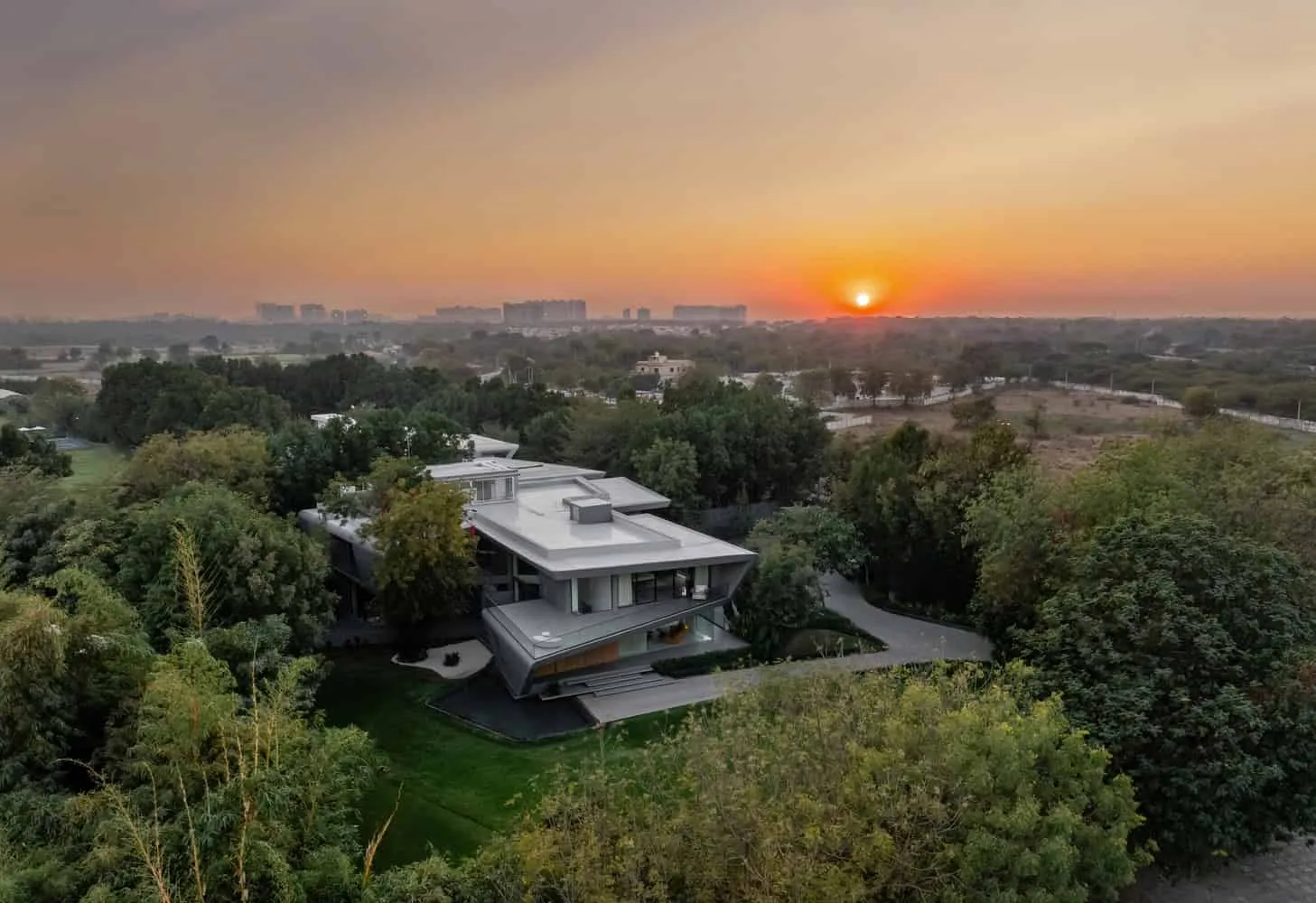 Aerial view of sunset of House NINE X NINE in Gandhinagar by project Sanjay Puri Architects