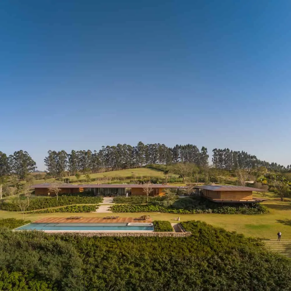 House TM by Jacobsen Arquitetura – top view with pool, Brazil