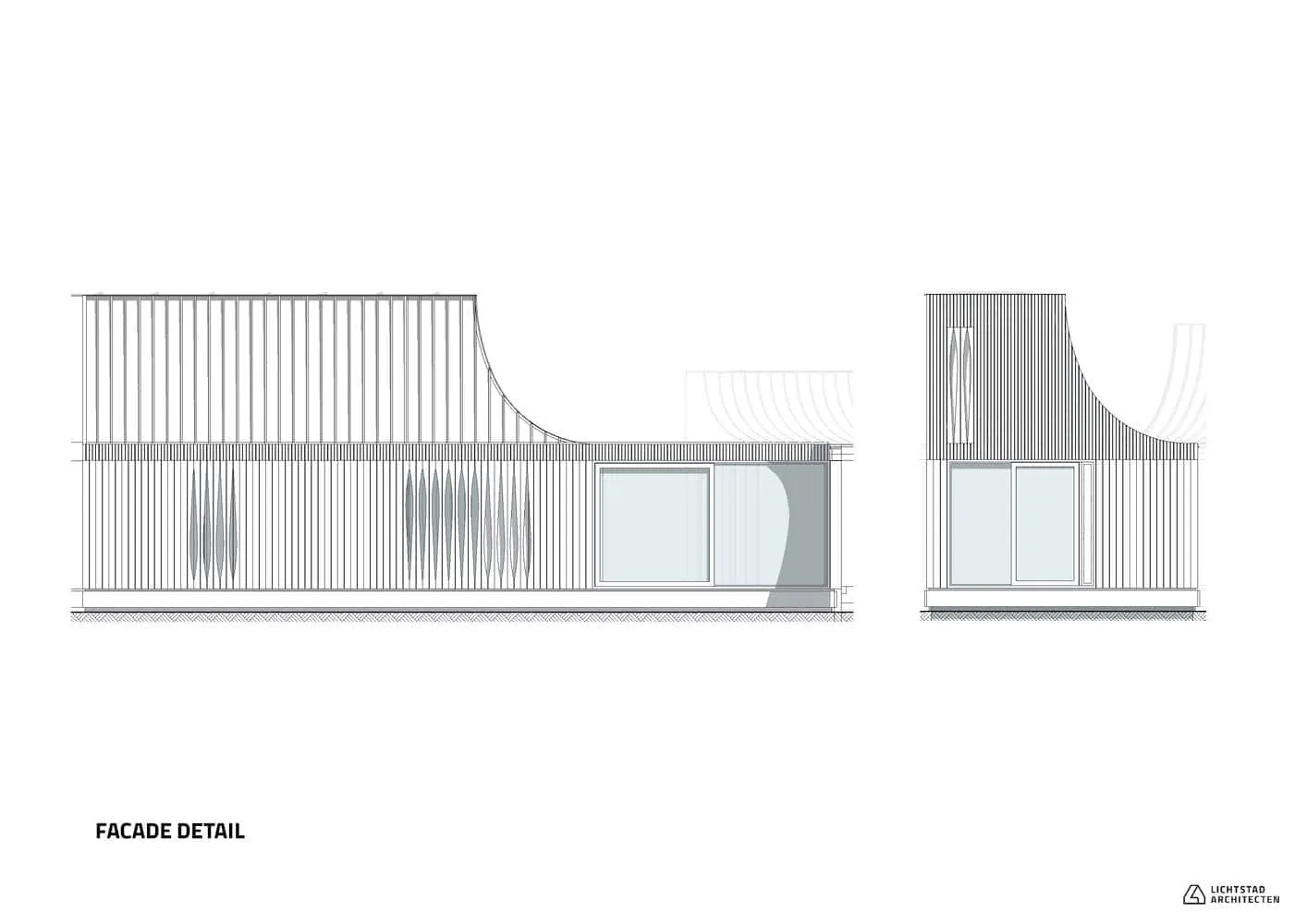 Marhûs — 立面细节，显示未经处理的木材、锌饰面与采光开口