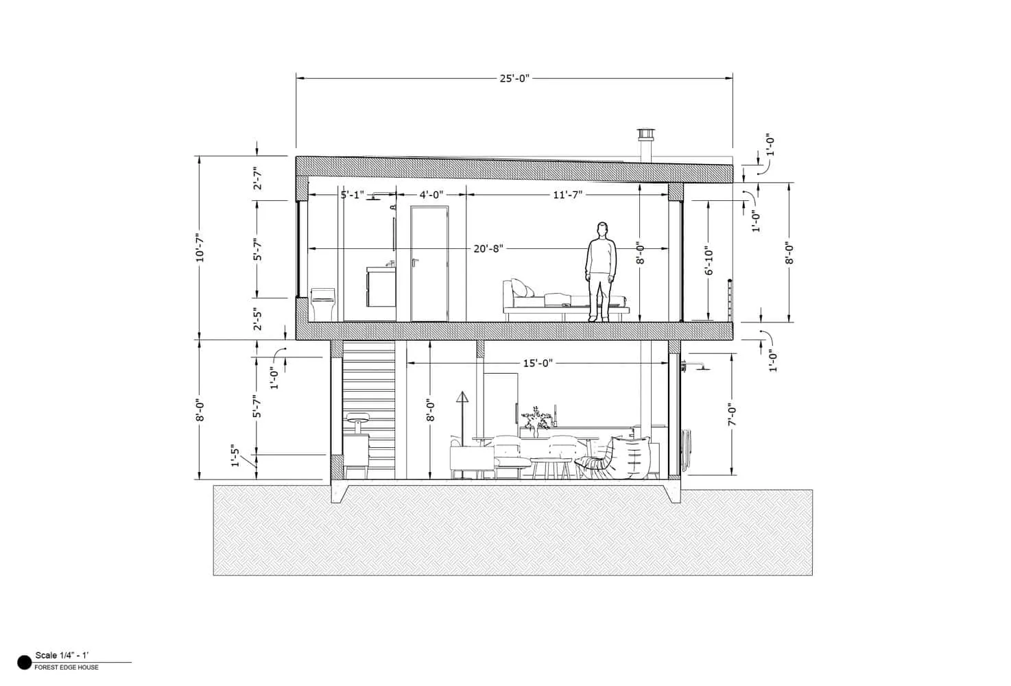 Architektonische Ansicht 2 des Forest Edge House von Marc Thorpe Design Architektonische Innenansicht des Forest Edge House in New York mit den Ebenen des Wohnbereichs und des Schlafzimmers