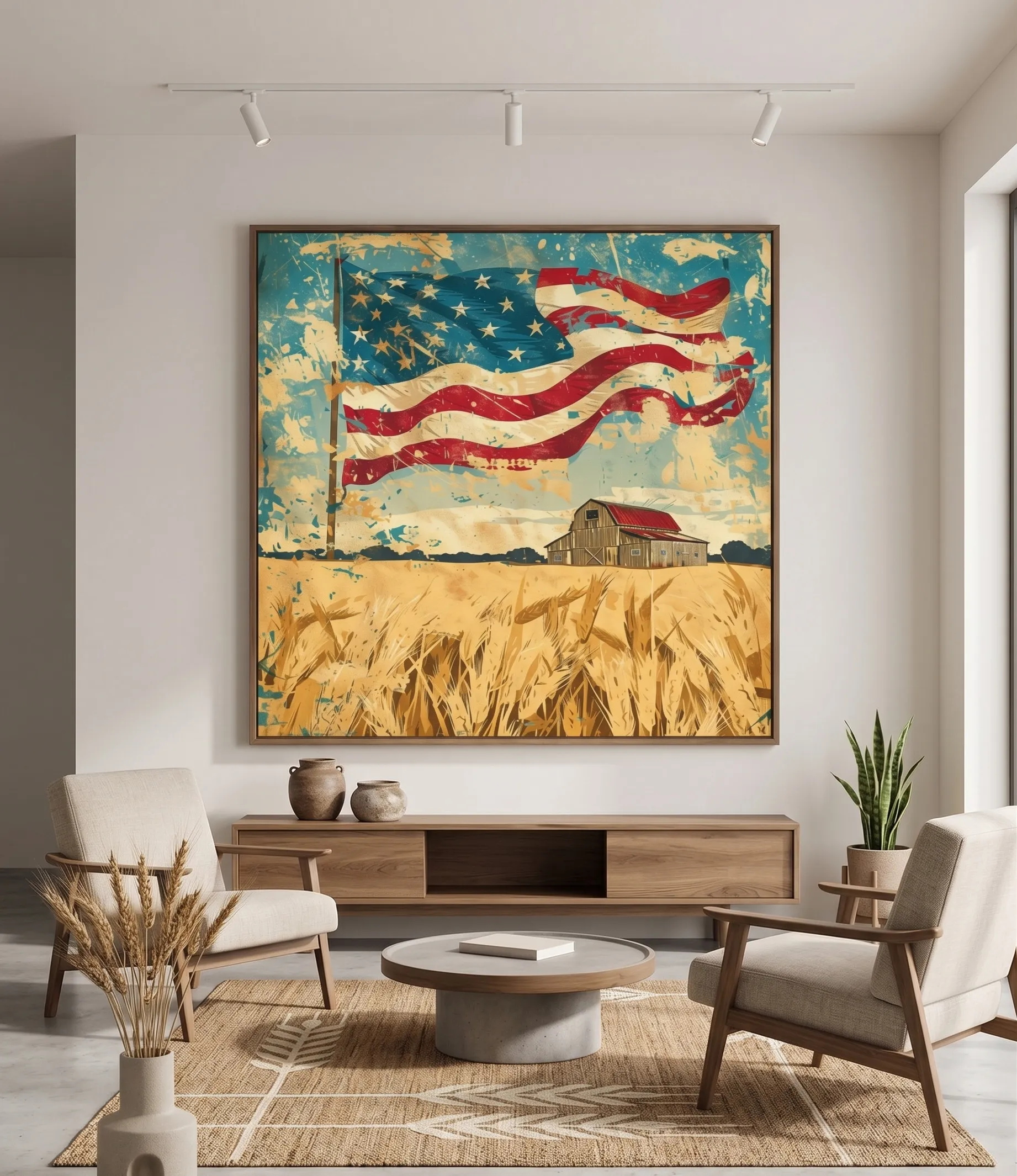 Rustikale Wandkunst mit amerikanischer Flagge und Scheune für Wohnräume in Bauernhäusern Rustikale Wandkunst mit amerikanischer Flagge und goldenem Weizenfeld in einem Wohnraum eines Bauernhauses