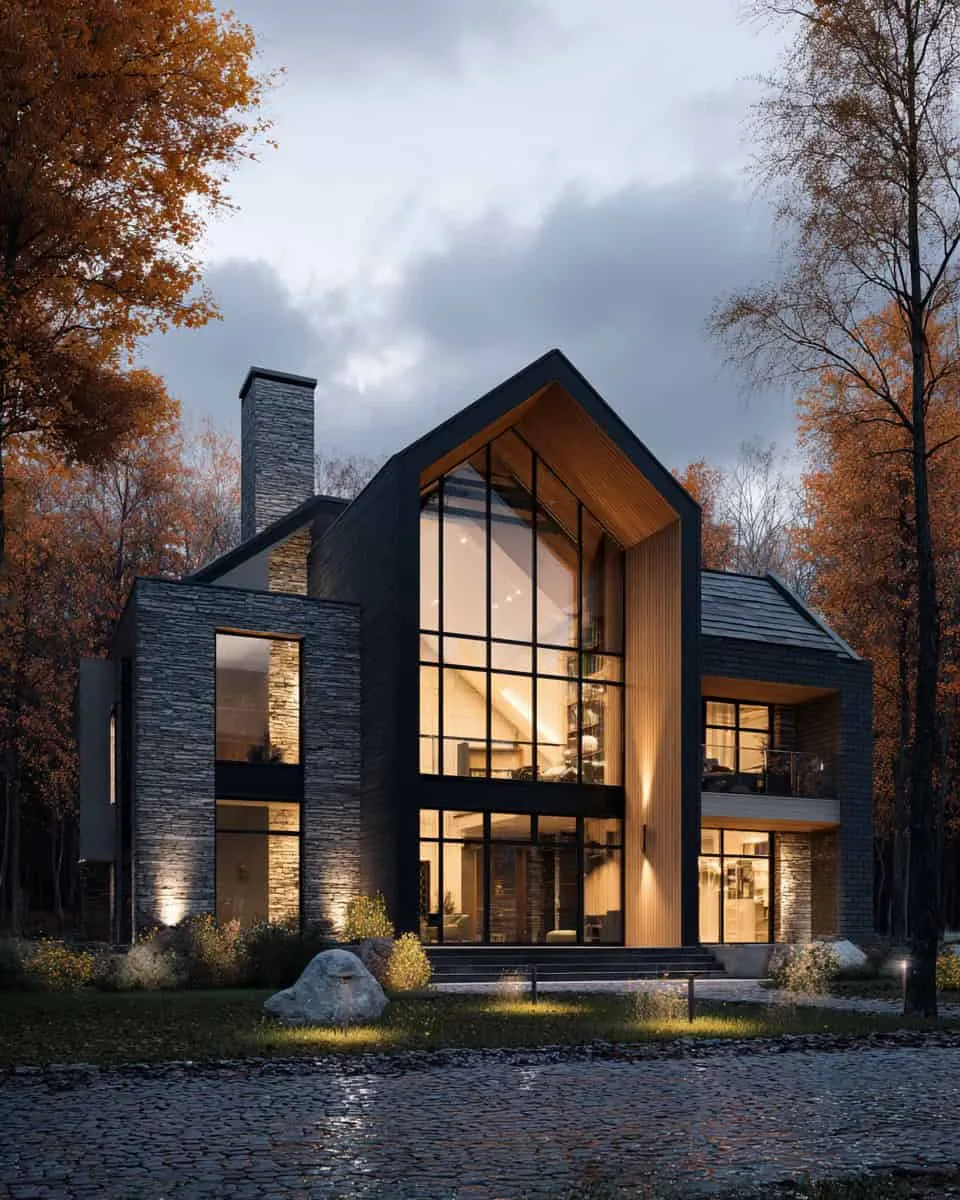 Modernes Waldhaus mit Glasfassade bei Dämmerung Modernes Waldhaus mit hoher Glasfassade, warmer Innenbeleuchtung und Steinkladerung bei Dämmerung