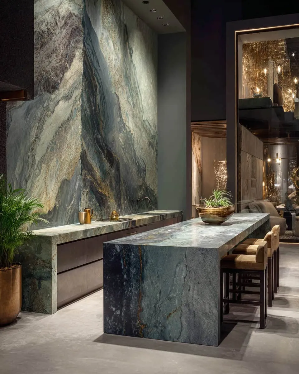 High-End-Küche mit skulpturaler Steininsel und vollflächigem Backsplash High-End-Küche mit skulpturaler Steininsel und auffälligem vollflächigem Backsplash
