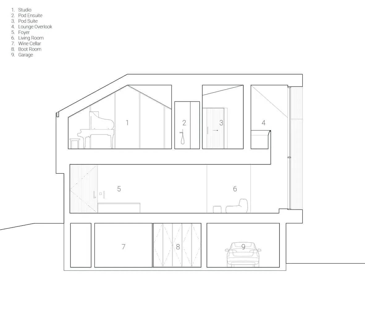 Re-folded House Section Transverse by McLeod Bovell Modern Houses Modern architectural house blueprint with detailed room layout, including living spaces, wine cellar, garage, and bedrooms, showcasing innovative home design and floor plan architecture.