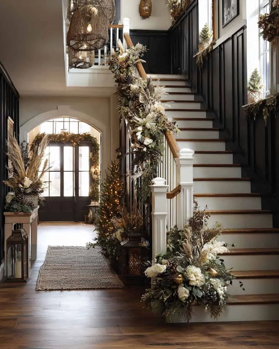 Elegante Dekoration für Treppen zu Feiertagen mit Girlanden und warmem Licht Weihnachtstreppe mit üppigen Girlanden, warmem Licht und festlichen Eingangsdekorationen