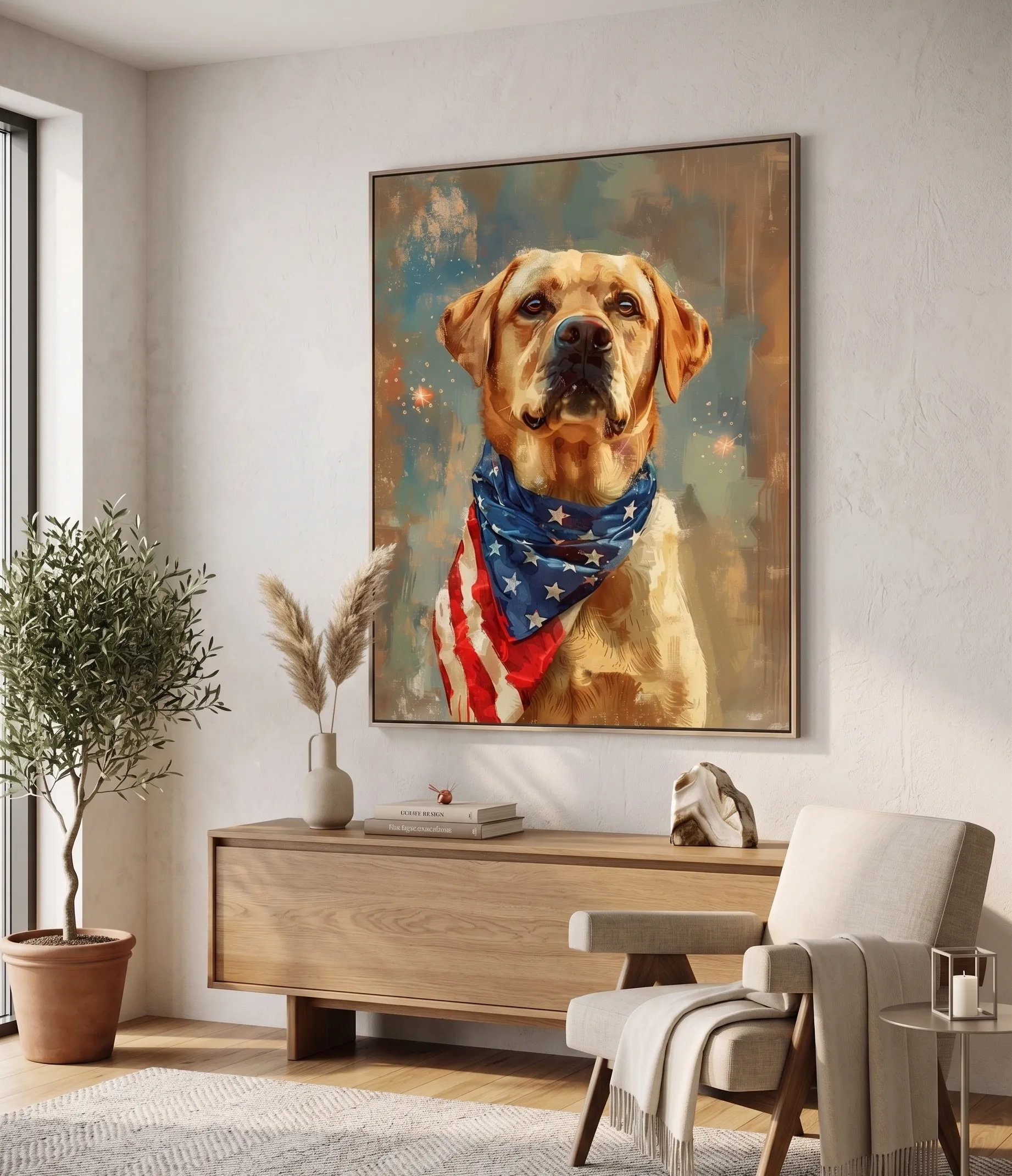 Patriotisches Wandbild mit Labrador und Amerikanischen Flaggen-Tuch Patriotisches Wandbild mit einem Labrador, der ein Amerikanischen Flaggen-Tuch trägt, in einem warmen, neutralen Innenraum