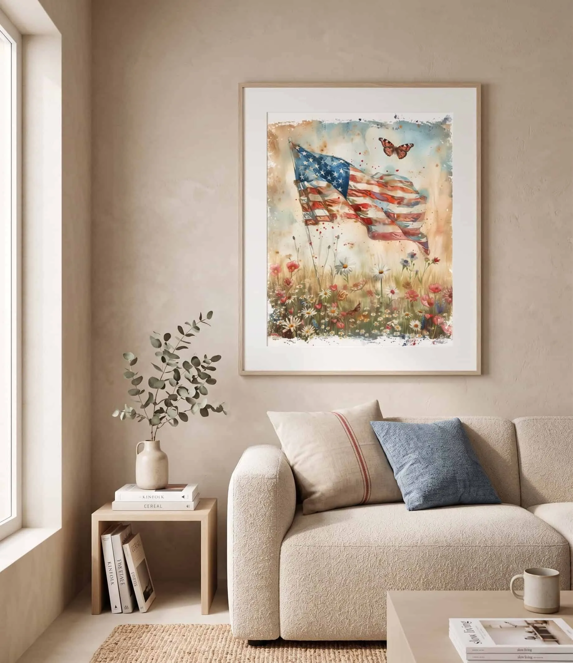 American Flag Wildflower Watercolor Patriotic Wall Art Print American flag wildflower watercolor patriotic wall art print mit Blumenwiesen- und Schmetterlingsdetails