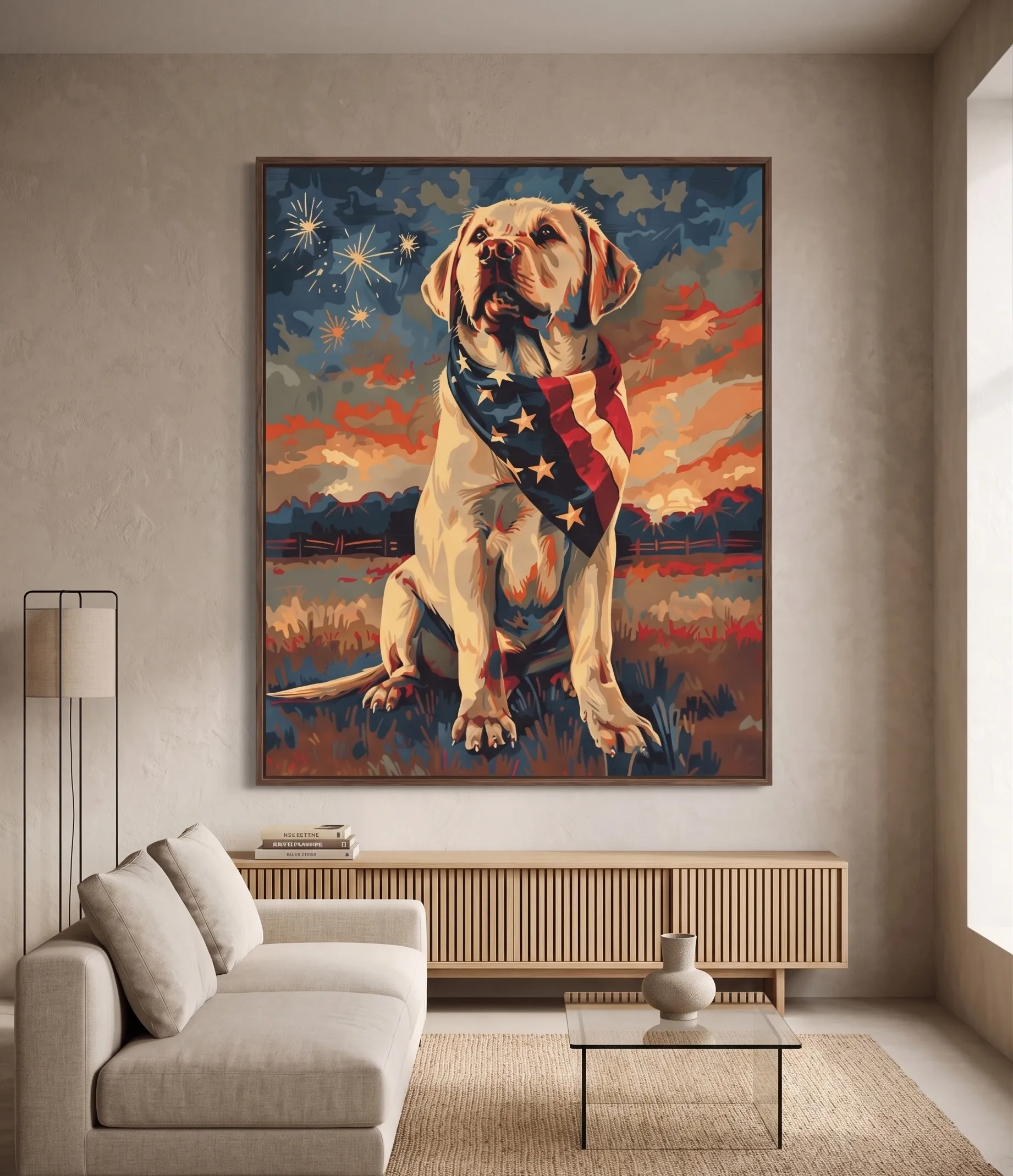Patriotisches Wandbild mit Labradorhund in Rot Patriotisches Wandbild mit Labradorhund, American-Flag-Bandana, Feuerwerk und warmen Sonnenuntergangsfarben in einem modernen Wohnzimmer