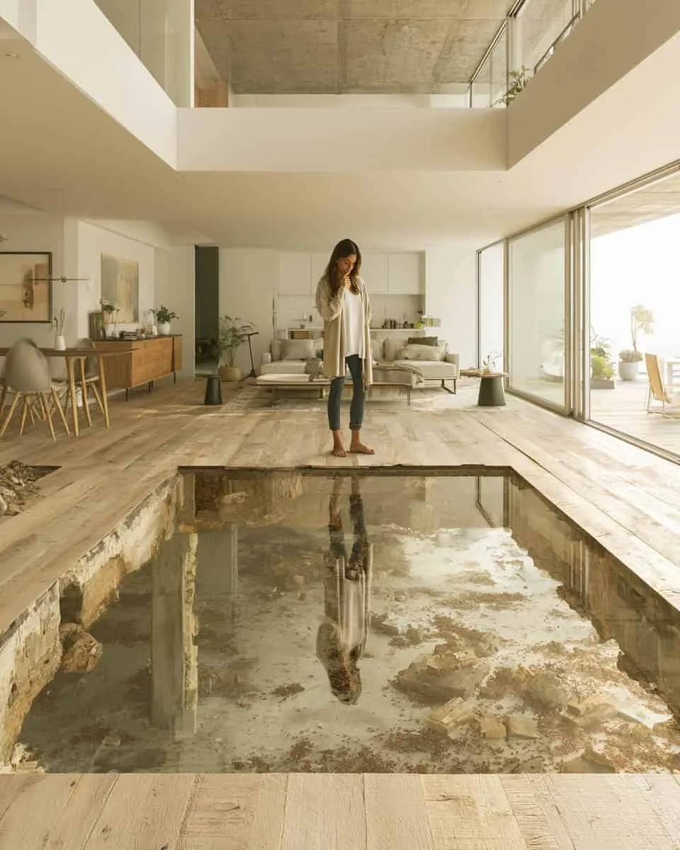 Helles, modernes Wohnzimmer mit großen Fenstern, minimalistischem Mobiliar und einer Indoor-Wasseroberfläche, die das natürliche Licht reflektiert.