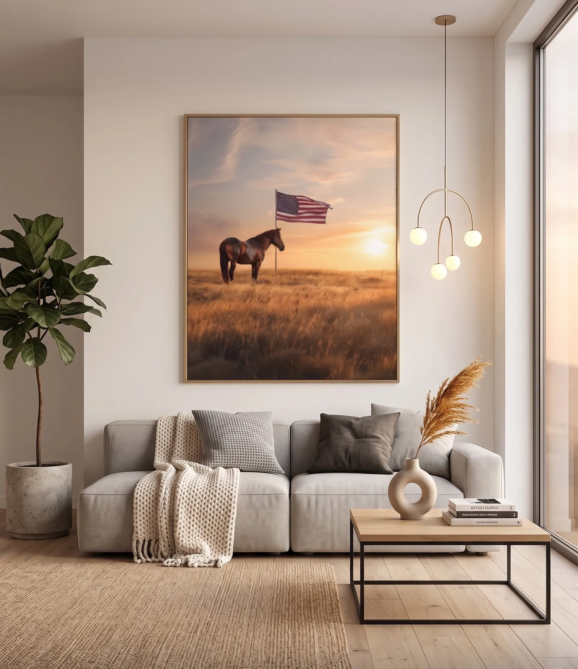 Rustikales Pferd bei Sonnenuntergang – Wandkunst mit amerikanischer Flagge Rustikale Wandkunst mit einem Pferd vor einer amerikanischen Flagge bei Sonnenuntergang in einer ruhigen Landlandschaft