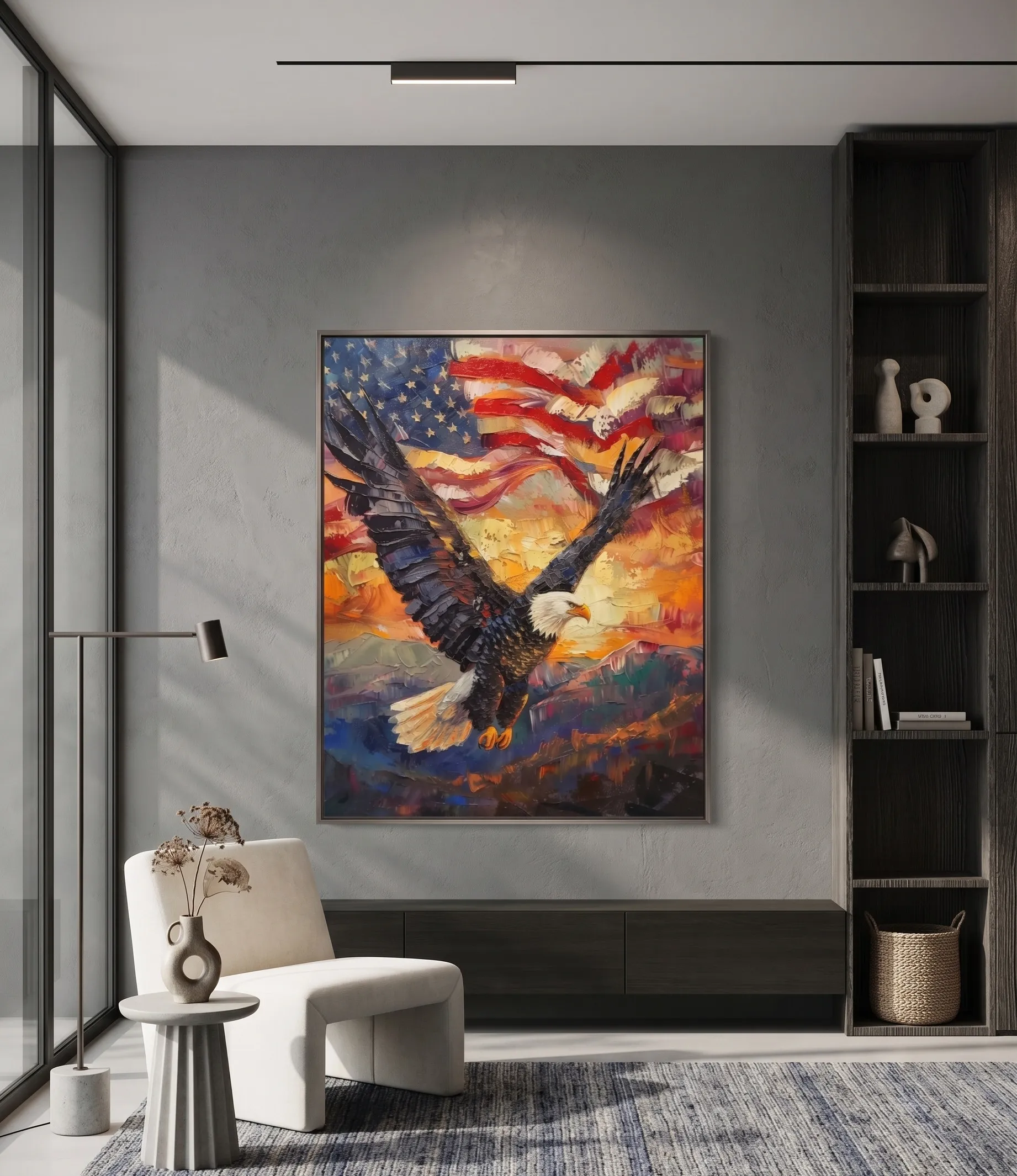 Expressionistisches Wandbild mit Adler und amerikanischer Flagge im patriotischen Stil Expressionistisches Wandbild mit Adler auf Hintergrund der amerikanischen Flagge im farbenfrohen, patriotischen Stil