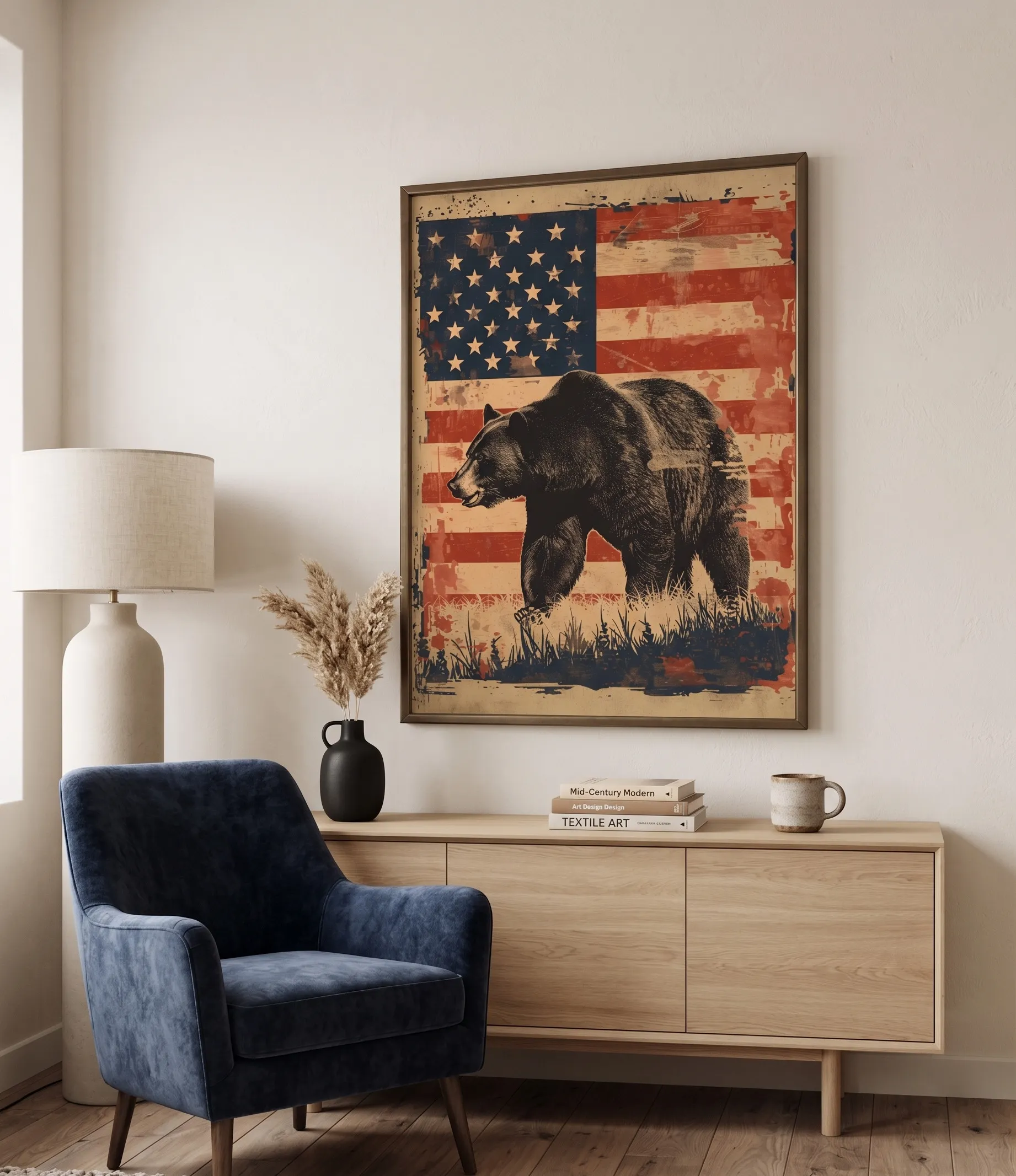 Bear American Flag Patriotic Wall Art Print Rustikales Wandbild mit Bär, das auf einem Vintage-Amerikanischen Flaggen-Hintergrund in einem warmen, modernen Interieur dargestellt wird