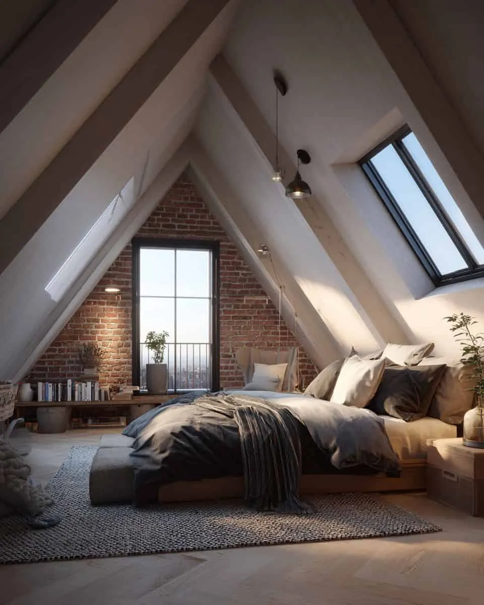 Helles Dachbodenzimmer mit Ziegelwand und Dachfenster Helles Dachbodenzimmer mit Ziegelwand und Dachfenster
