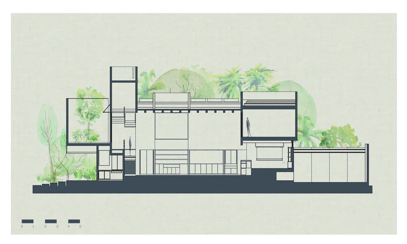 Di Frenna Arquitectos设计的Atelier纵截面图 包含茂盛绿色景观元素的现代建筑室内设计蓝图,突显了适用于当代居住环境的创新房屋平面图与空间利用方式。