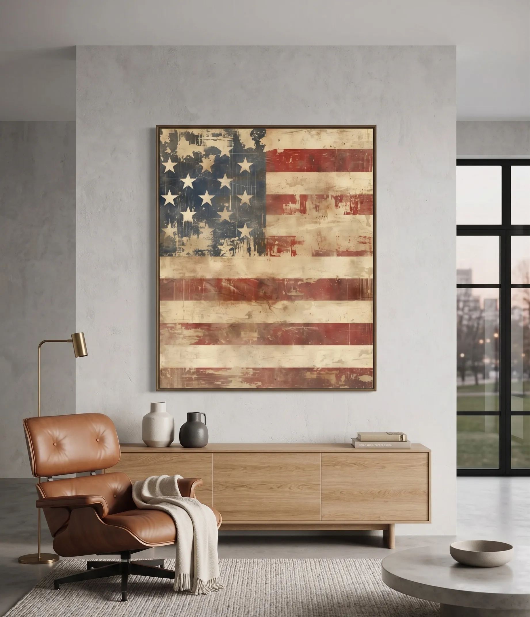 Vintage-Amerikanische-Fahne-Druck für rustikale patriotische Wanddekoration Vintage-Rustikendruck einer amerikanischen Flagge in gedämpften Rot-, Marineblau- und Cremetönen für patriotische moderne Landhausdekorationen