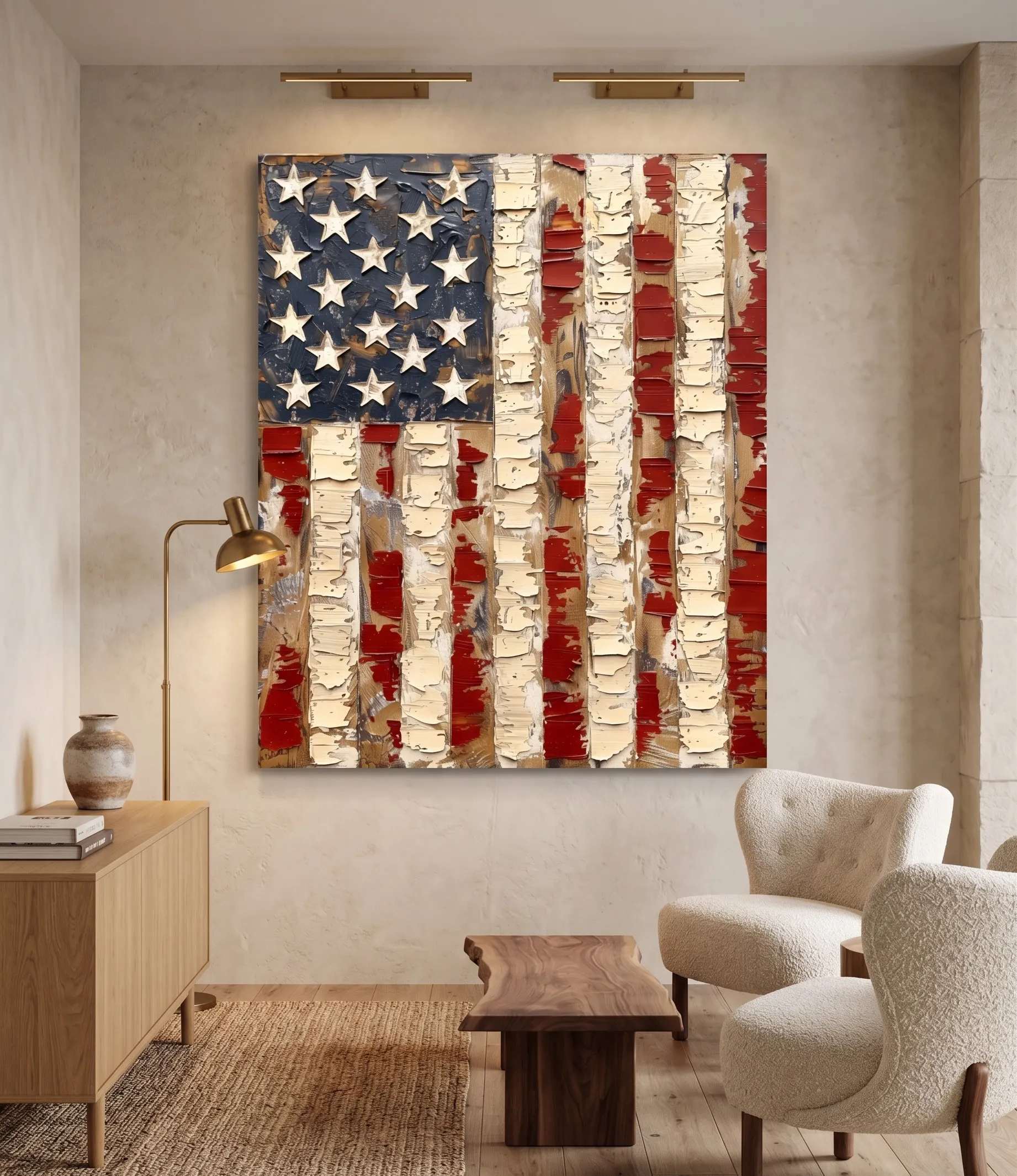 Rustikale Wandkunst mit amerikanischer Flagge im texturierten, vintage-patriotischen Stil Rustikale, texturierte Wandkunst mit amerikanischer Flagge in einem abgenutzten Vintage-Stil, dargestellt in einem warmen, modernen Landhausinterieur