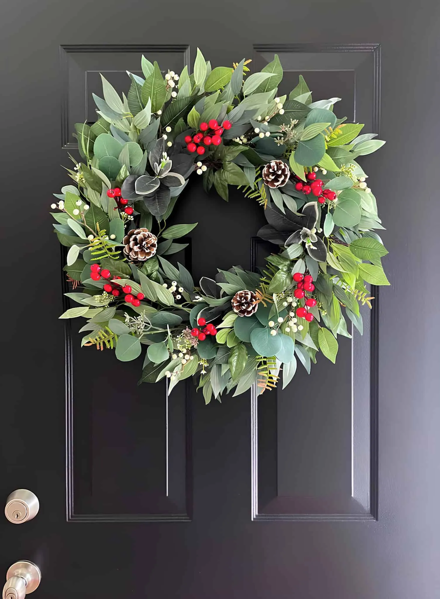 Klassischer Weihnachtskranz mit Kiefernzapfen und gemischten Beeren Klassischer Weihnachtskranz mit gemischter Grünpflanzenbeilage, roten und weißen Beeren sowie Kiefernzapfen