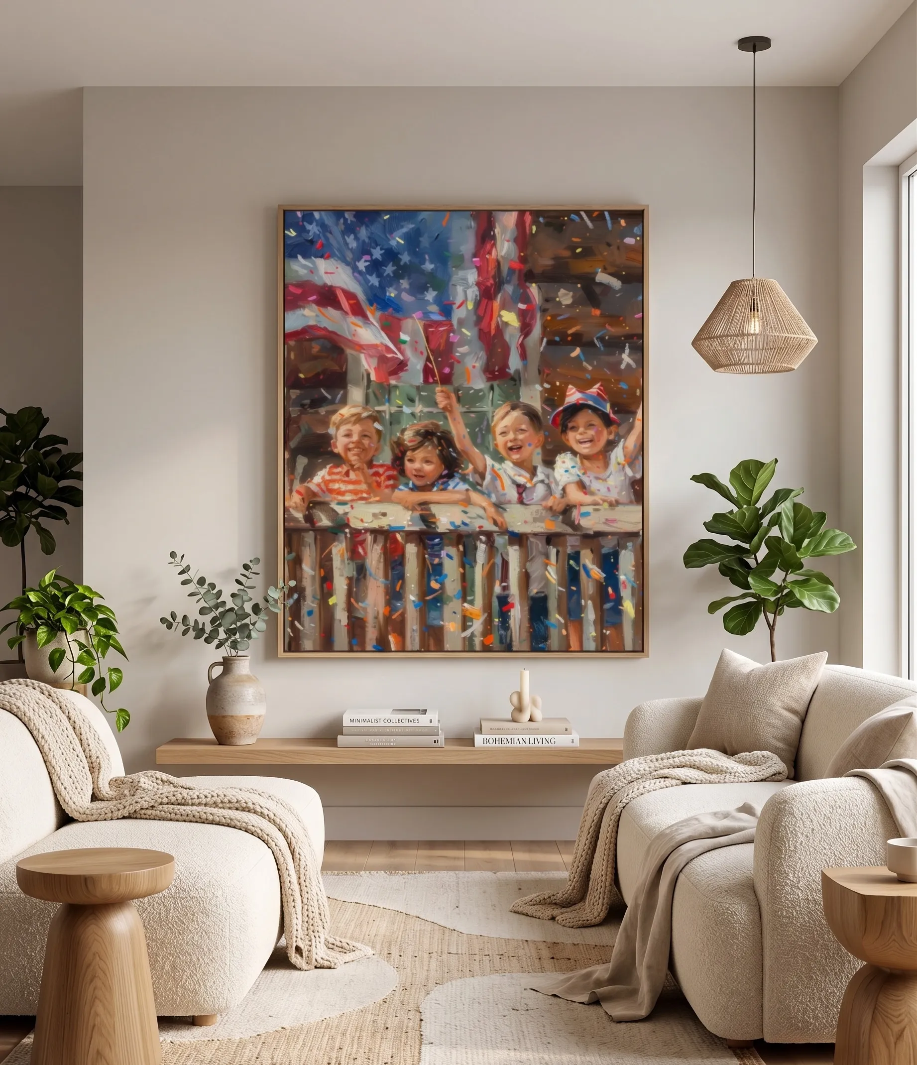 Impressionistisches Wandbild mit patriotischen Kindern in amerikanischem Stil Impressionistisches patriotisches Wandbild mit fröhlichen Kindern, amerikanischen Flaggen und buntem Feierkonfetti