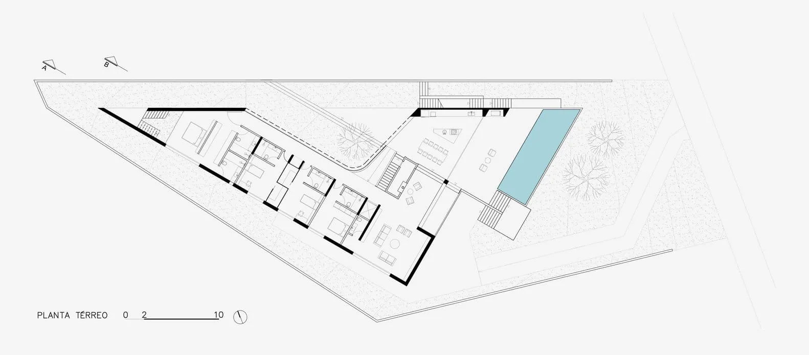 Grundriss des Erdgeschosses der Kûara House von Obra Arquitetos Grundriss des Erdgeschosses der Kûara House von Obra Arquitetos in São José dos Campos, Brasilien