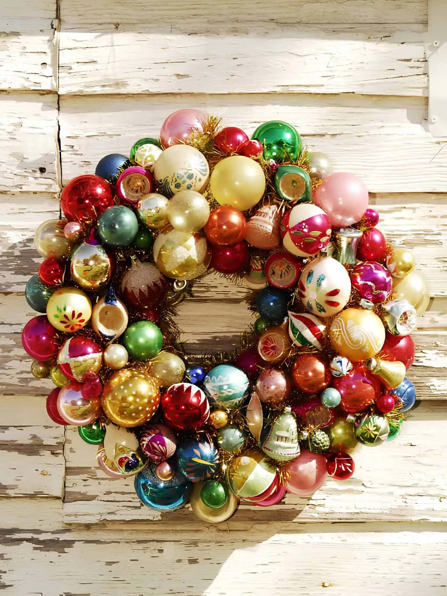 Vintage-Multicolor-Weihnachtsdekorationen-Kranz Bunte Weihnachtsdekorationen in Form eines Kranzes mit glänzenden Kugeln in Rot, Gold, Grün, Pink und Blau, verziert mit goldenen Glitzerfäden, auf einem rustikalen weißen Holzgrund angeordnet.