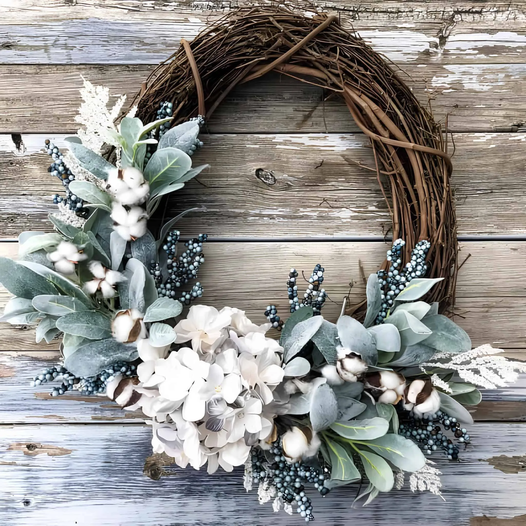 Cotton & Hydrangea Winter Holzweihnachtskranz Rustikaler Blumenkranz mit Eukalyptus, Baumwolle und weißen Rosen auf einem verwitterten Holzgrund, ideal für Frühling, Sommer oder rustikale Hochzeitsdekorationen.