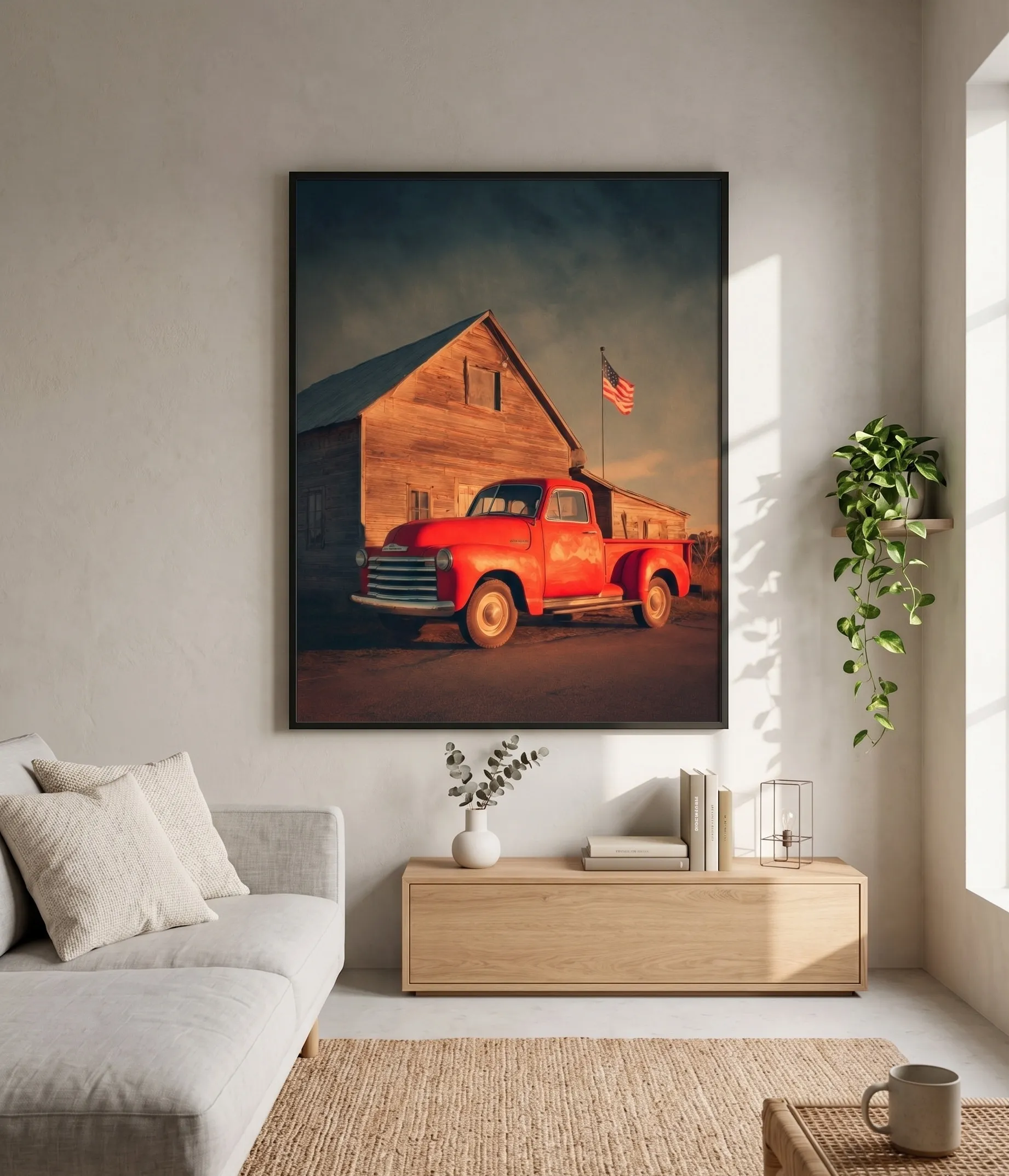 Vintage Red Truck Barn Americana Wall Art Print Vintage roter Lastwagen als Wandkunst mit rustikalem Scheunenbild und amerikanischer Flagge im ländlichen Americana-Stil