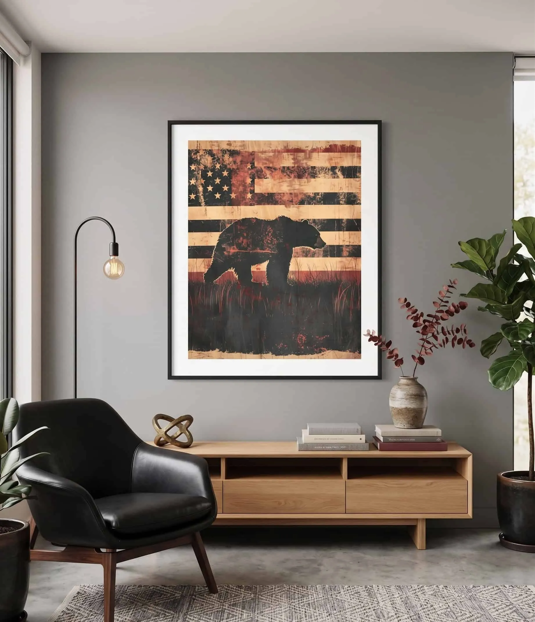 Rustikale Bärensilhouette mit Amerikanischen Flaggen-Motiv als Wandbild Rustikales Wandbild mit Bärensilhouette und Amerikanischer Flagge, das abgenutzte Vintage-Texturen sowie einen patriotischen Americana-Stil aufweist