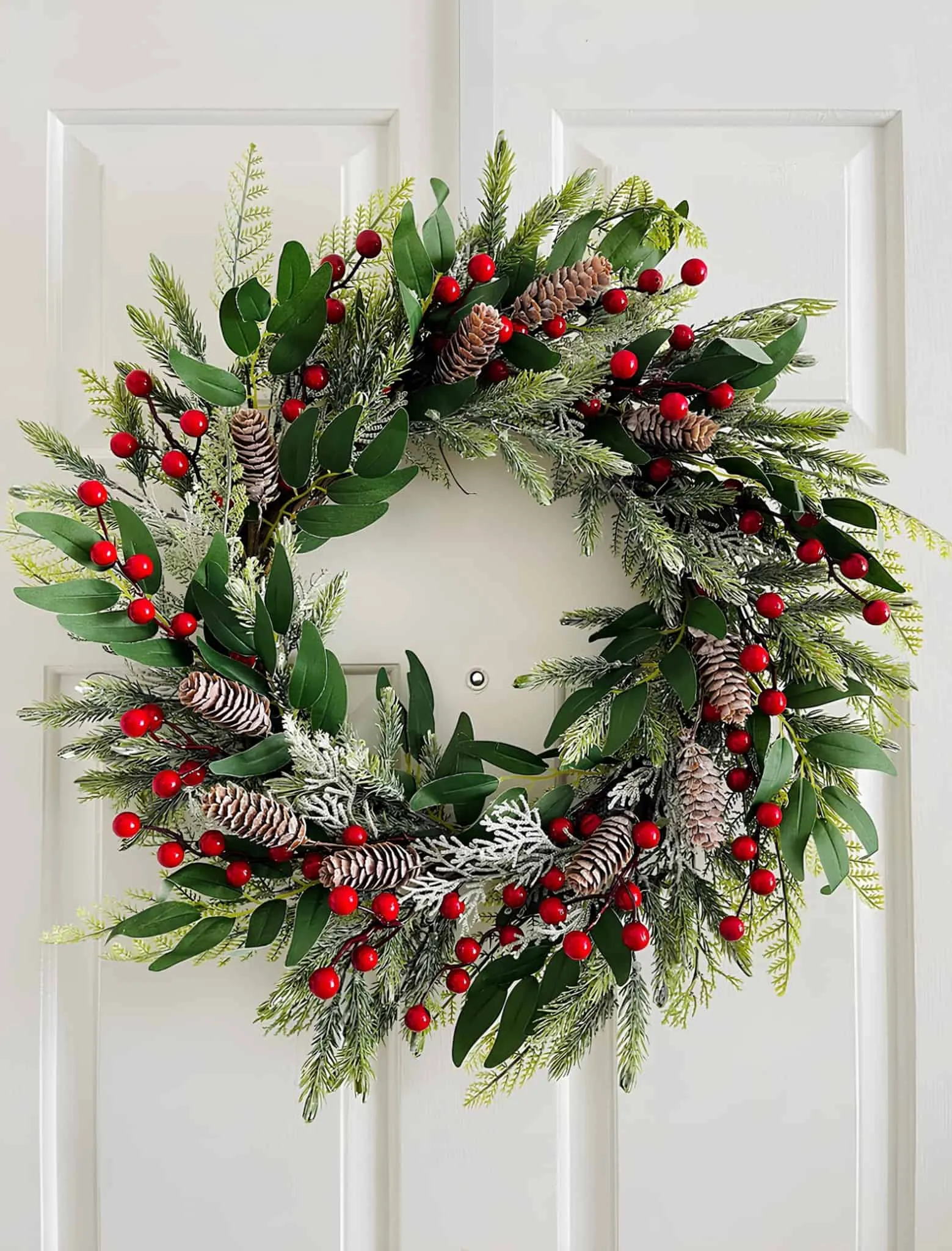 Kranz aus Eukalyptus und Kiefernzapfen mit Schneespitzen Weihnachtskranz mit Eukalyptuszweigen, roten Beeren, Kiefernzapfen sowie schneeverzierten Spitzen