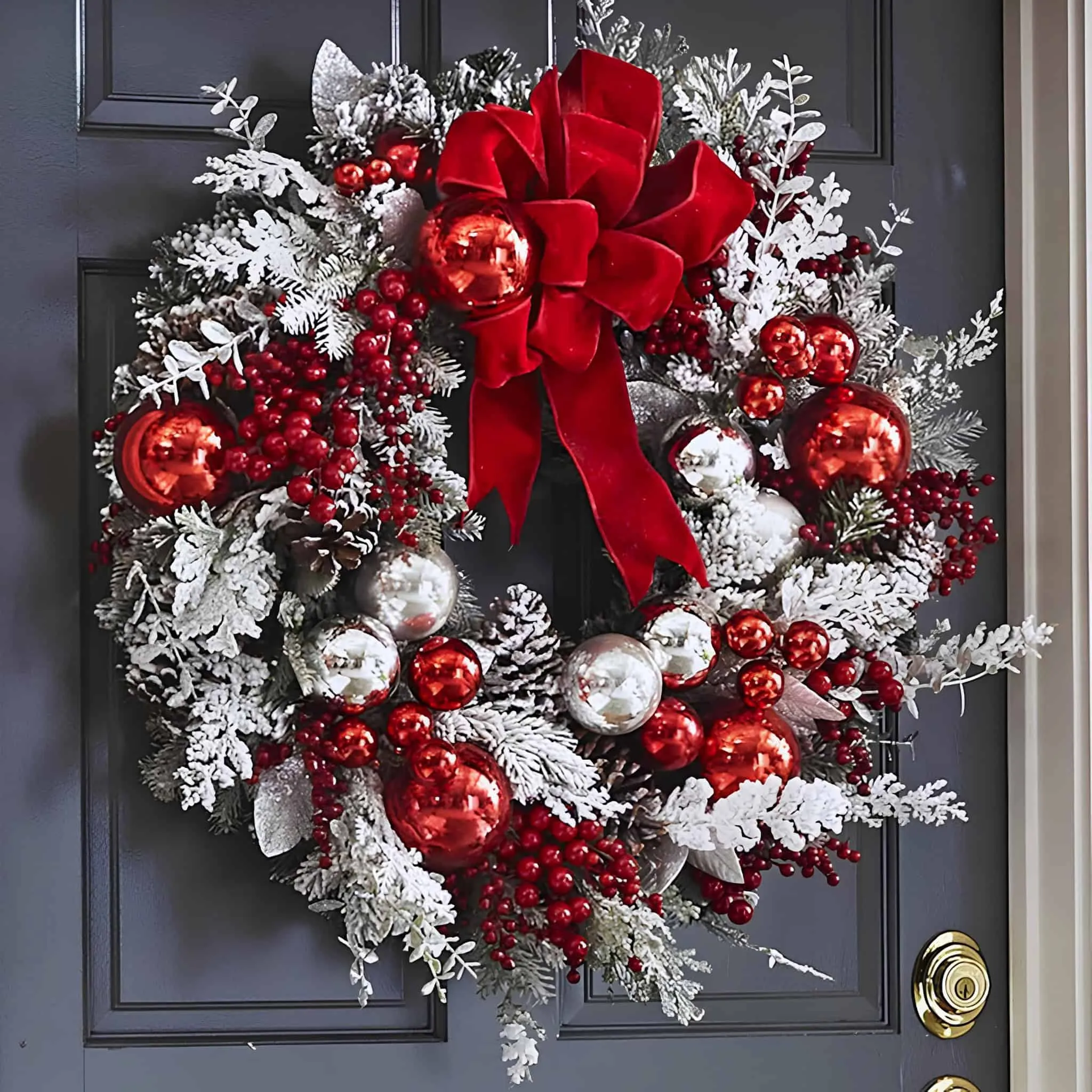 Gefroster Weihnachtskranz in Rot und Silber Lebhafter Weihnachtskranz, der mit roten und weißen Verzierungen, gefrorenen Kiefernzweigen sowie einer großen roten Samtschleife geschmückt ist und an einer dunklen Tür zur festlichen Dekoration hängt.
