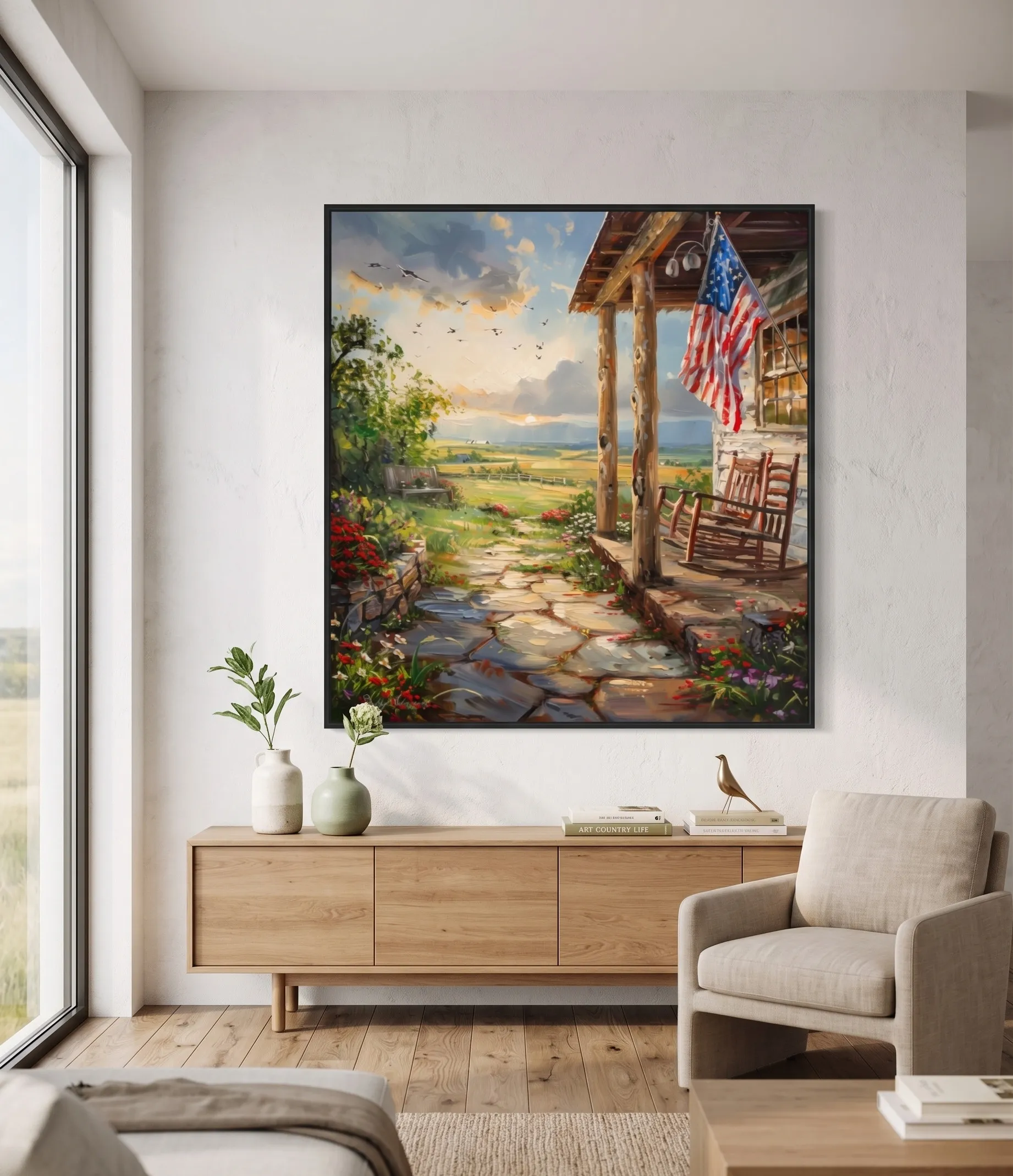 Landhaus-Torveranda-Rustikale Americana-Wandkunstdruck Rustikale Wandkunst für die Landhaus-Torveranda mit amerikanischer Flagge, Bauernhaustorveranda, Blumen sowie malerischem Landlandschaftsbild