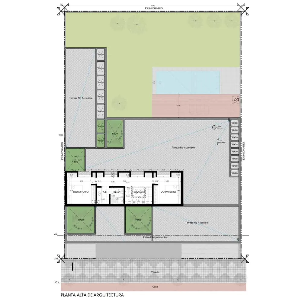 House G Obergeschossplan von Karlen + Clemente Räumiger Entwurf für ein modernes Haus mit Außenterrasse, Schwimmbecken, Grünflächen sowie minimalistischen Designelementen. Ideal für Liebhaber zeitgenössischer Architektur und des Außenlebens.