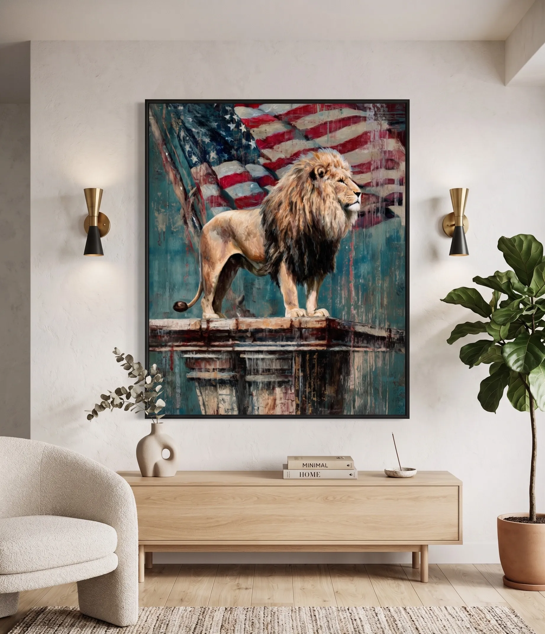 Realistisches Wandbild eines majestätischen Löwen mit amerikanischer Flagge Realistisches Wandbild eines majestätischen Löwen mit Hintergrund aus amerikanischer Flagge im kraftvollen, patriotischen Stil