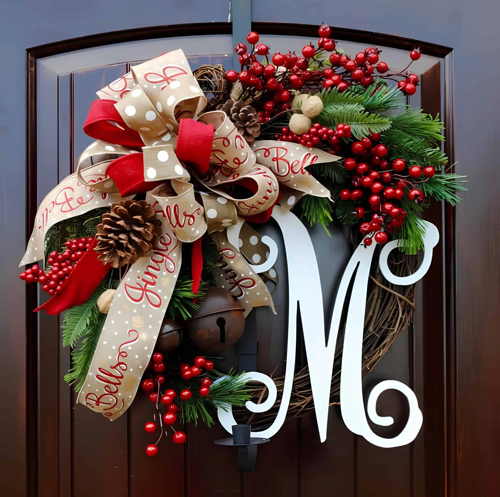 Monogramm-Kränzchen mit roten Beeren und Glöckchen zu Weihnachten mit Schleife Festlicher Kränzchen mit großer Punkteschleife, roten Beeren, Kiefernzapfen, Glöckchen und einem weißen Monogramm-Buchstaben