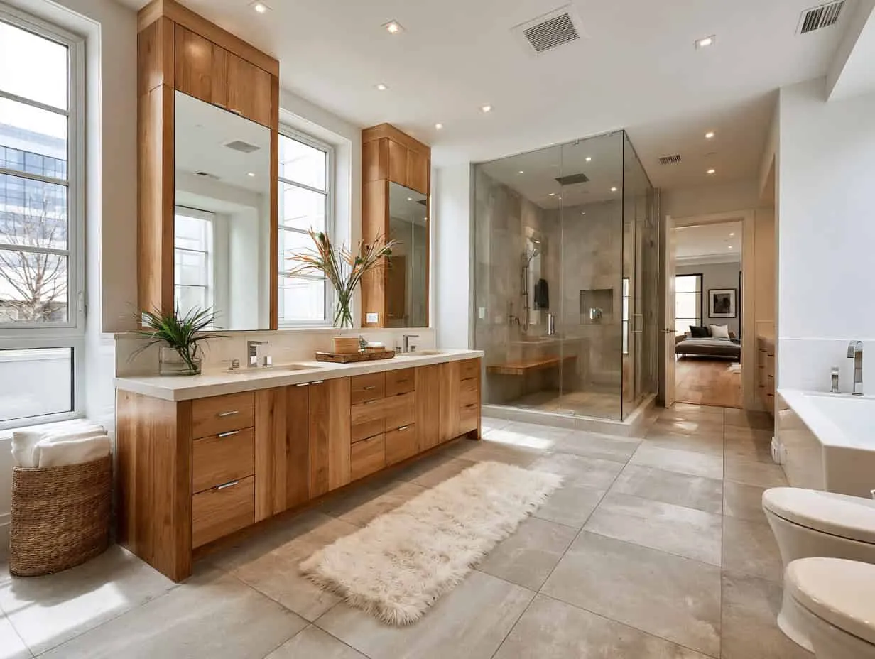 Moderne Badezimmer mit Doppelschminktisch, glasumgebauter Dusche und Badewanne, ausgestattet mit Naturholzelementen sowie großen Fenstern für ein helles und luftiges Design.