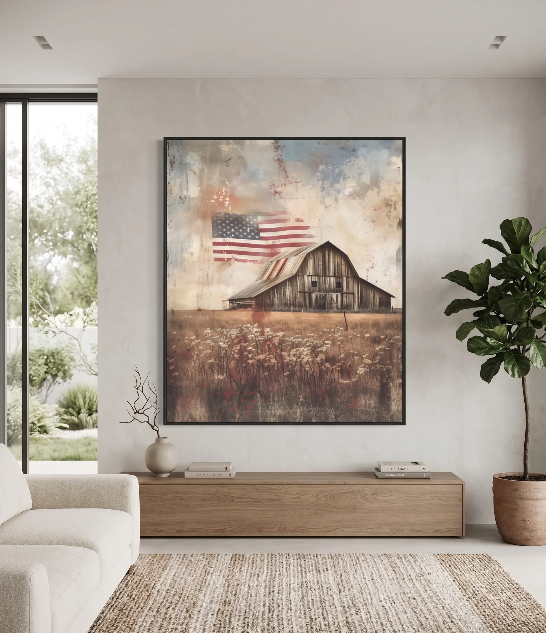 Rustikale Scheune mit amerikanischer Flagge – Vintage-Wandkunstdruck im Stil eines Bauernhauses Rustikale Scheune und amerikanische Flagge als Wandkunstdruck im Stil eines Vintage-Bauernhauses in einem Wohnzimmer mit warmer, neutraler Einrichtung