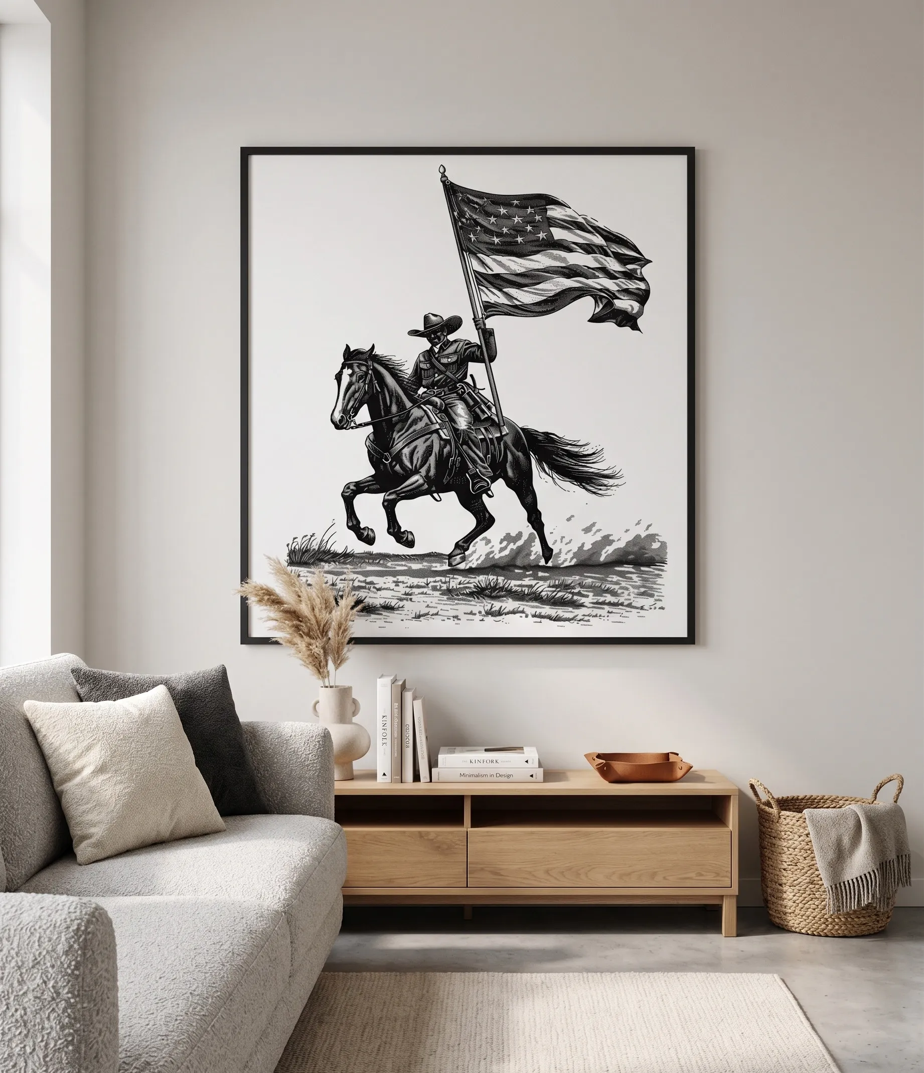 American Cavalry Soldier Patriotic Wall Art Print Wandkunst mit einem amerikanischen Kavalleriesoldaten zu Pferd, der die amerikanische Flagge trägt, im monochromen Western-Stil