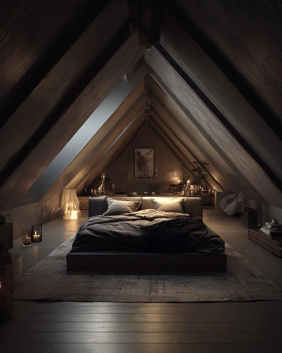 Gemütliches Dachbodenzimmer mit warmer Beleuchtung und Holzbalken Gemütliches Dachbodenzimmer mit warmer Beleuchtung und Holzbalken