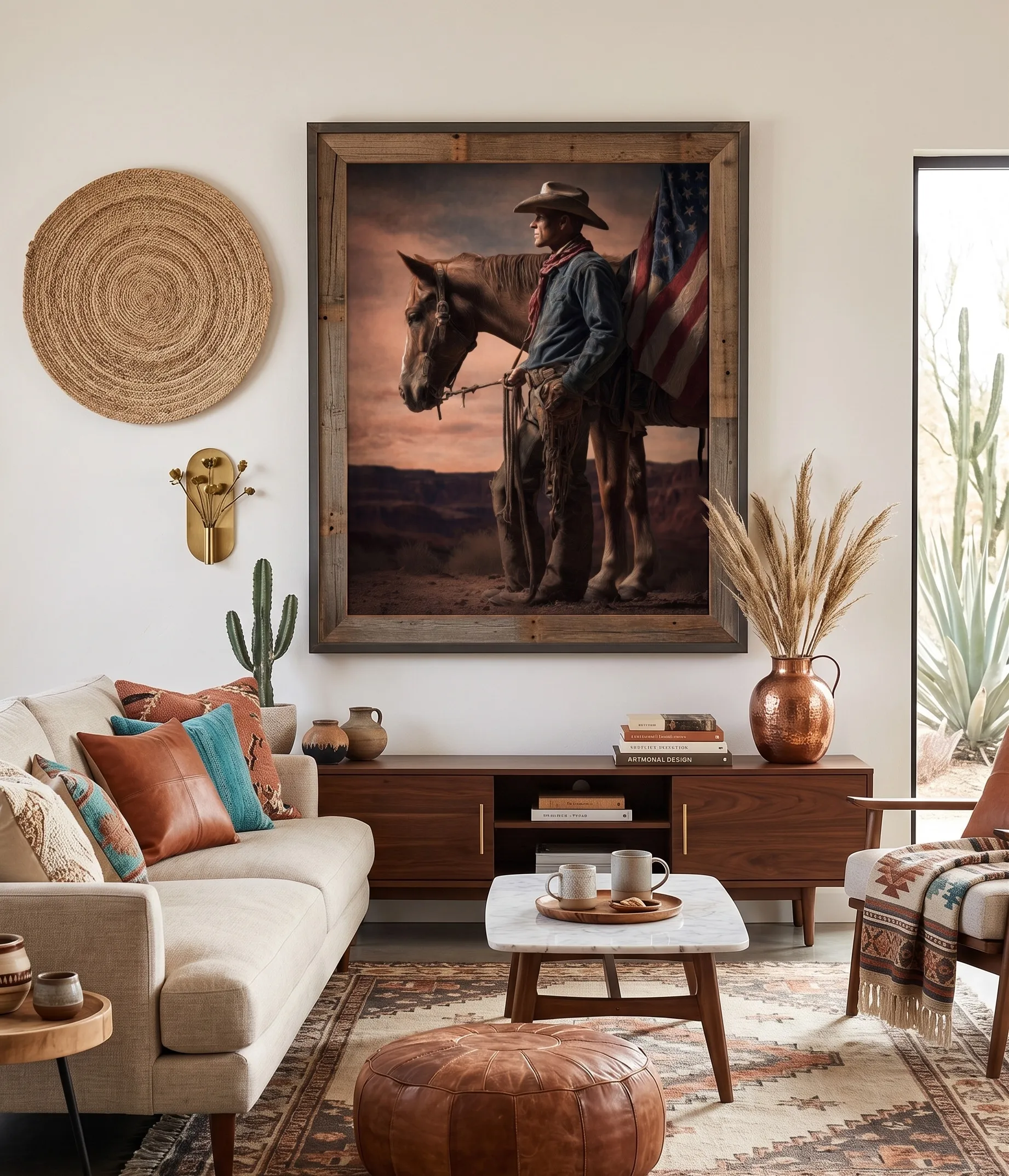 Cowboy Horse American Flag Desert Wall Art Print Ländliche Wandkunst mit Cowboy und Pferd vor einer amerikanischen Flagge in einer westlichen Wüstenlandschaft