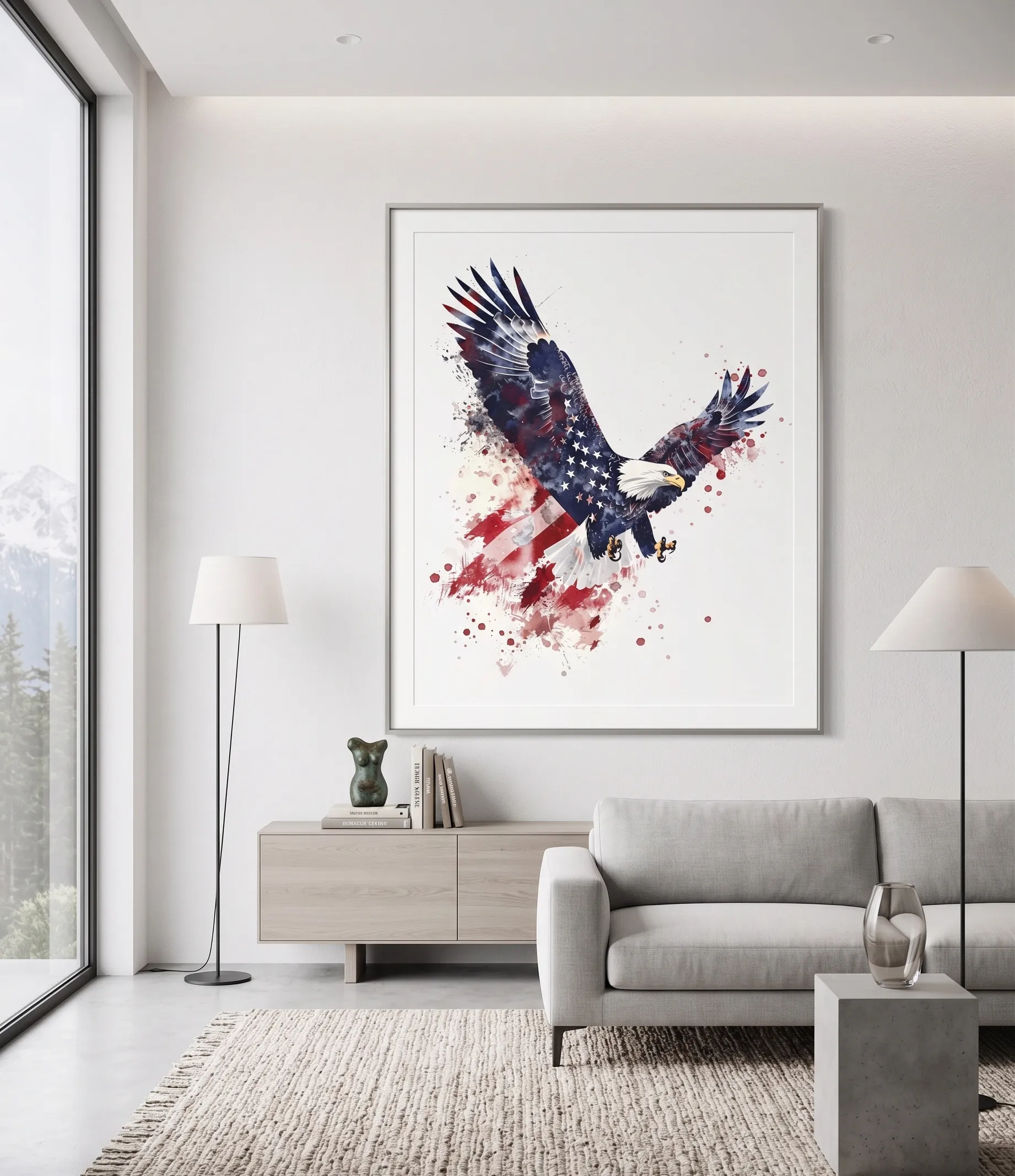 Bald Eagle American Flag Patriotic Watercolor Wall Art Bald eagle American flag watercolor Wall Art Print mit patriotischen roten, weißen und blauen abstrakten Elementen