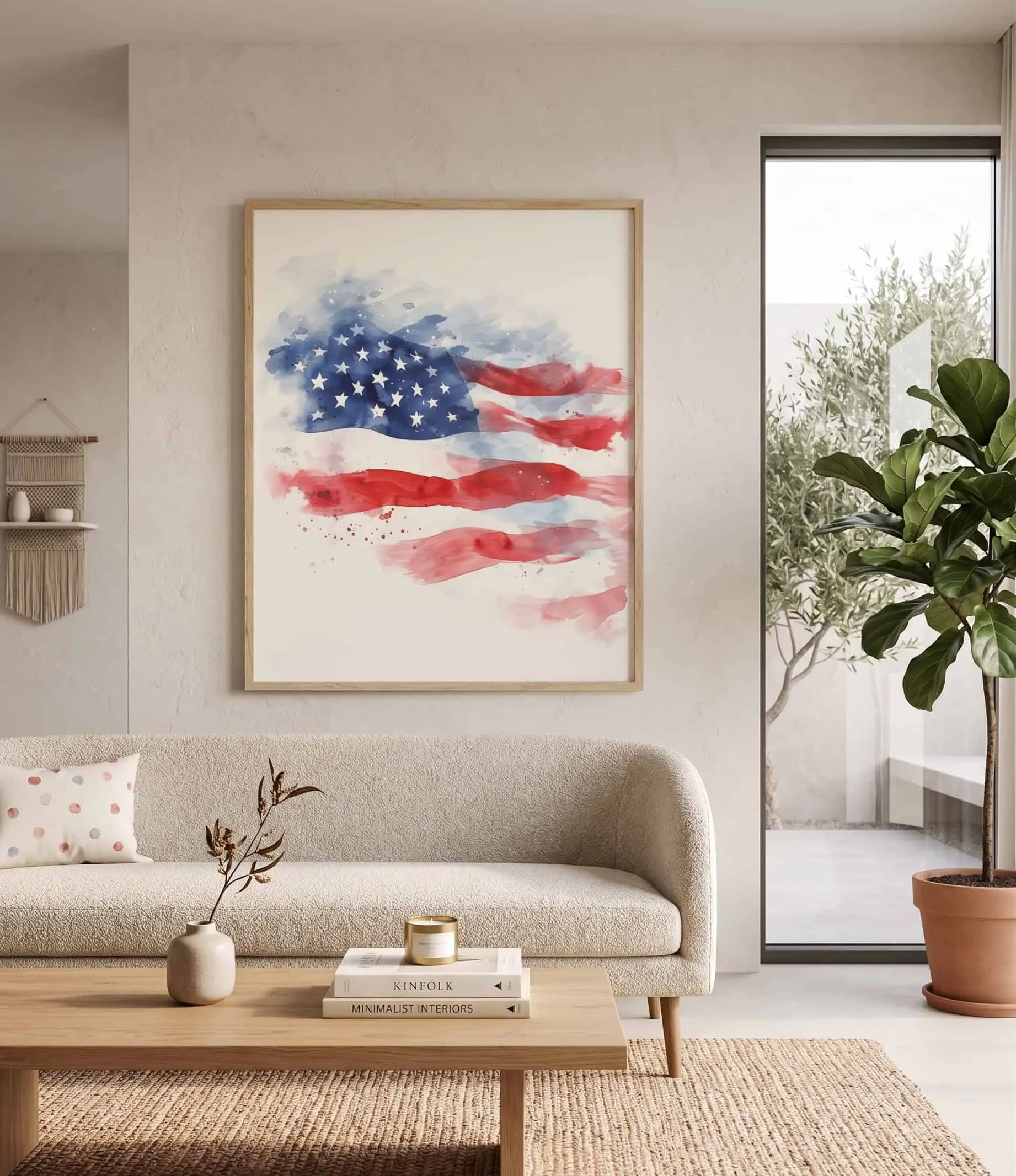 Aquarell-Kunstwerk der amerikanischen Flagge in Rot, Weiß und Blau Minimalistisches Aquarell-Kunstwerk der amerikanischen Flagge mit sanften Rot-, Weiß- und Blautönen in Strichdesign
